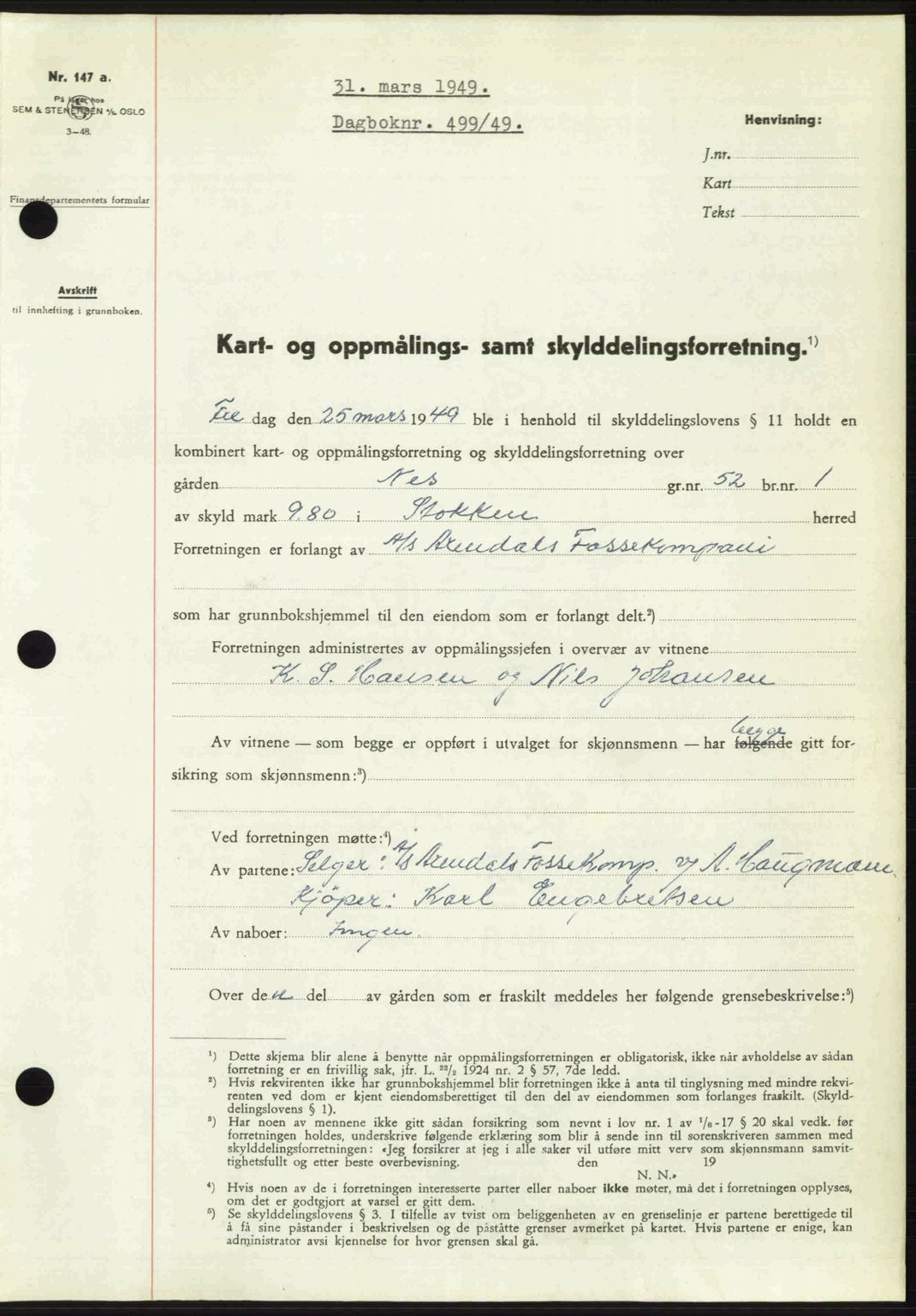 Nedenes sorenskriveri, SAK/1221-0006/G/Gb/Gba/L0060: Mortgage book no. A12, 1948-1949, Diary no: : 499/1949