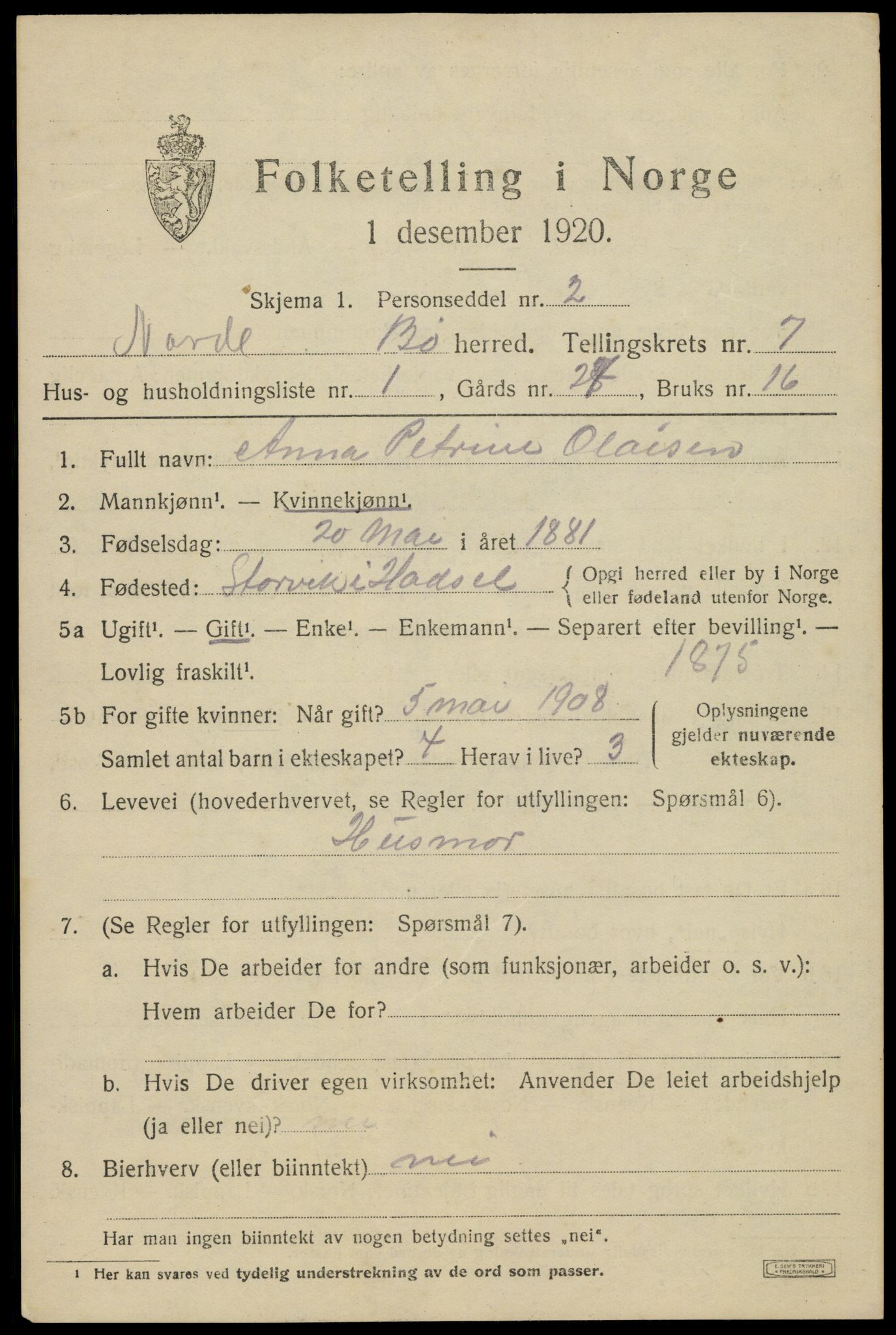 SAT, 1920 census for Bø, 1920, p. 6038