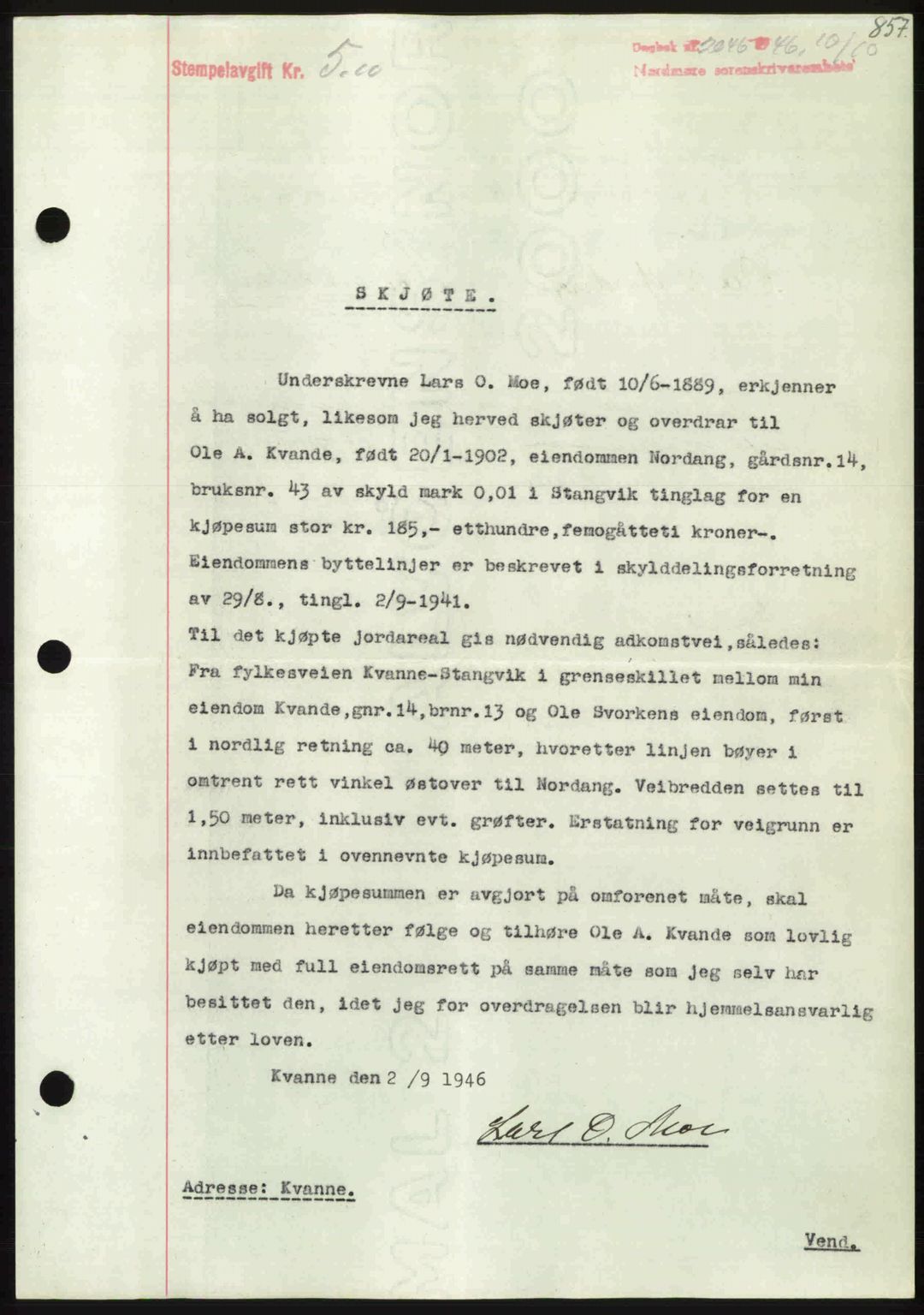 Nordmøre sorenskriveri, AV/SAT-A-4132/1/2/2Ca: Mortgage book no. A102, 1946-1946, Diary no: : 2046/1946