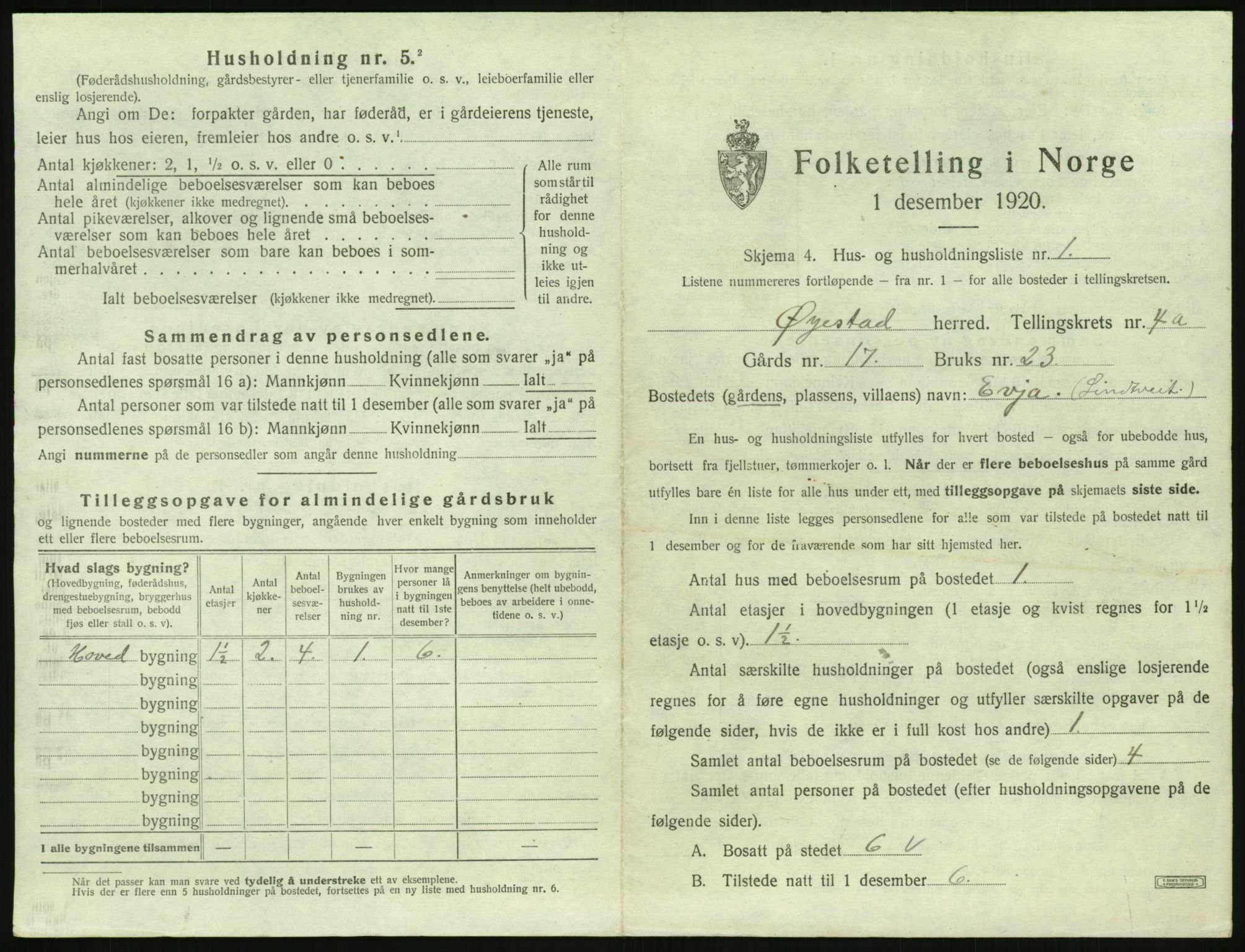 SAK, 1920 census for Øyestad, 1920, p. 300