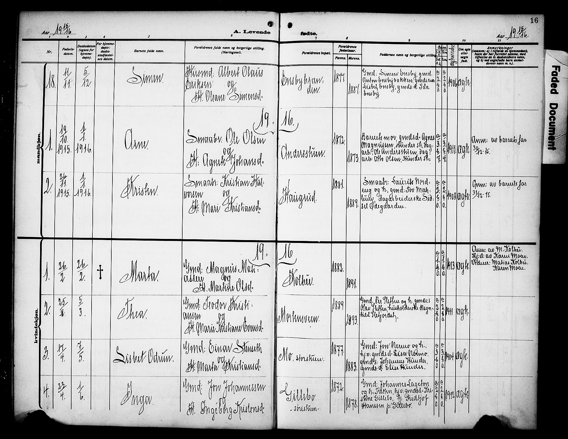 Øyer prestekontor, SAH/PREST-084/H/Ha/Hab/L0007: Parish register (copy) no. 7, 1913-1928, p. 16