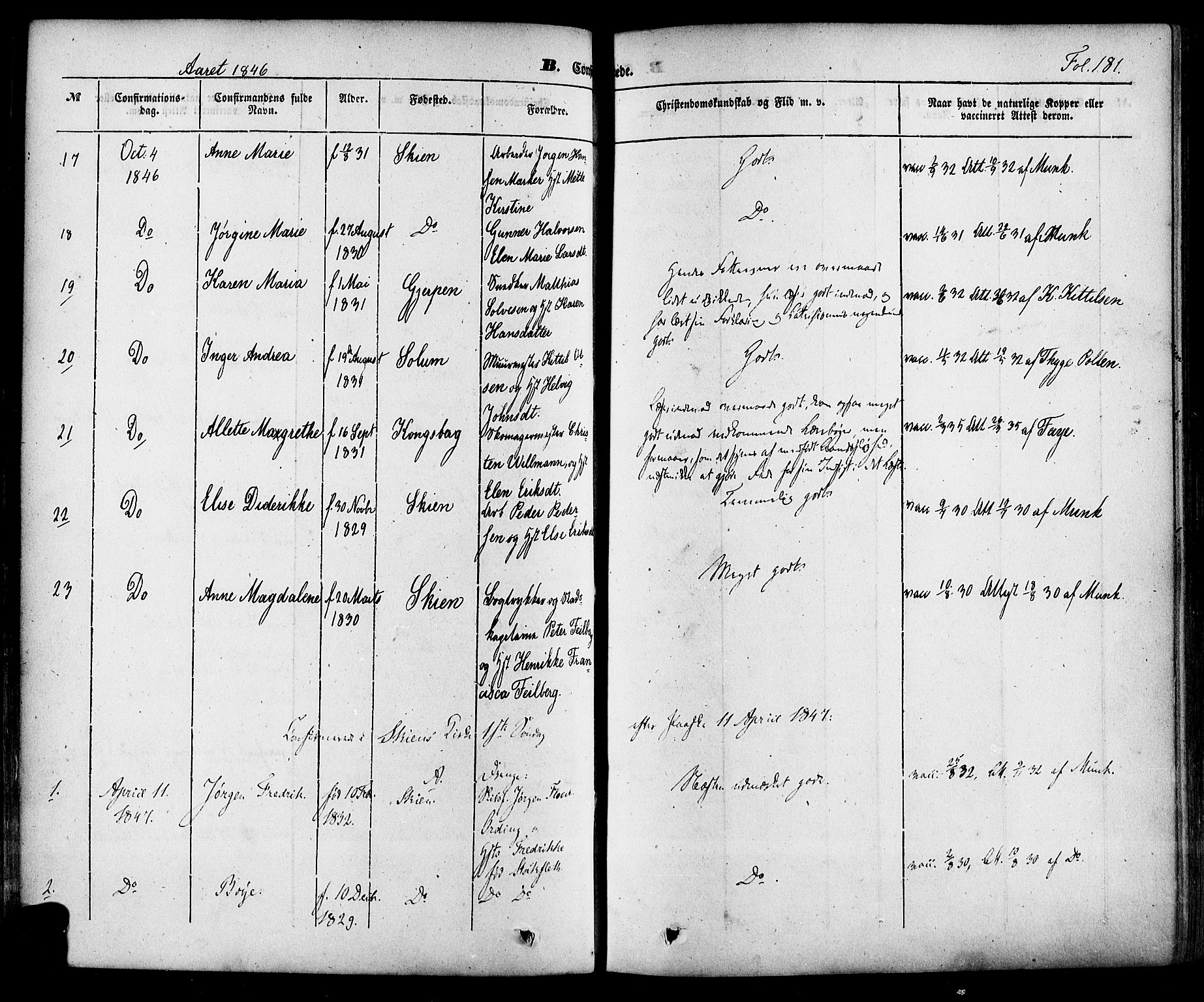 Skien kirkebøker, SAKO/A-302/F/Fa/L0006a: Parish register (official) no. 6A, 1843-1856, p. 181