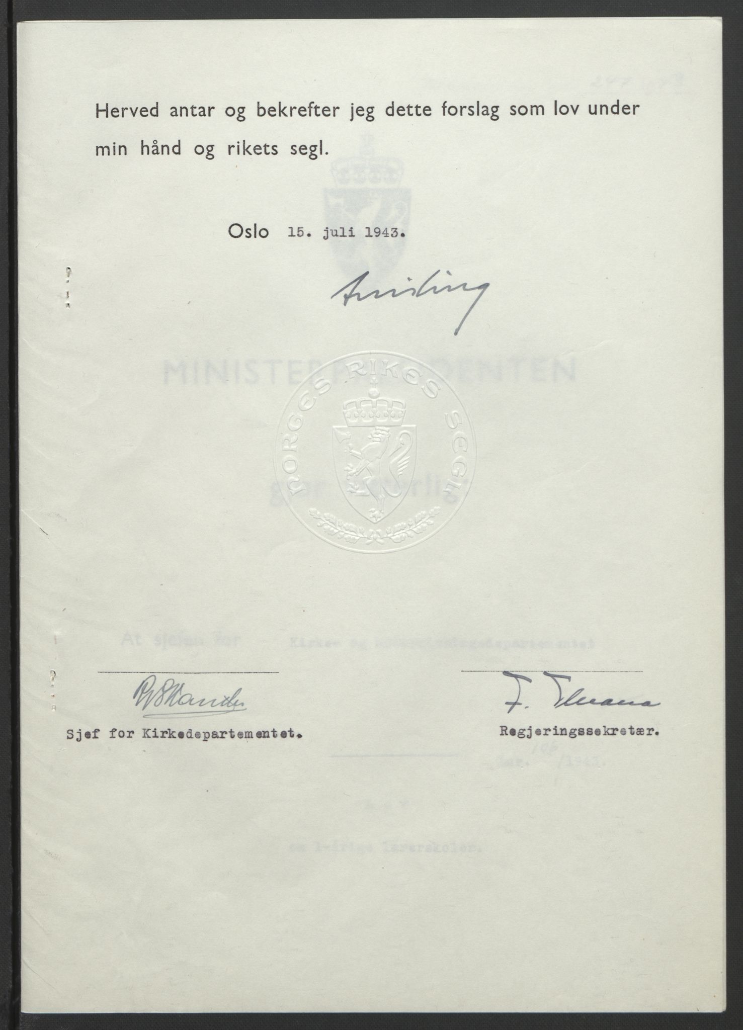 NS-administrasjonen 1940-1945 (Statsrådsekretariatet, de kommisariske statsråder mm), RA/S-4279/D/Db/L0099: Lover, 1943, p. 496