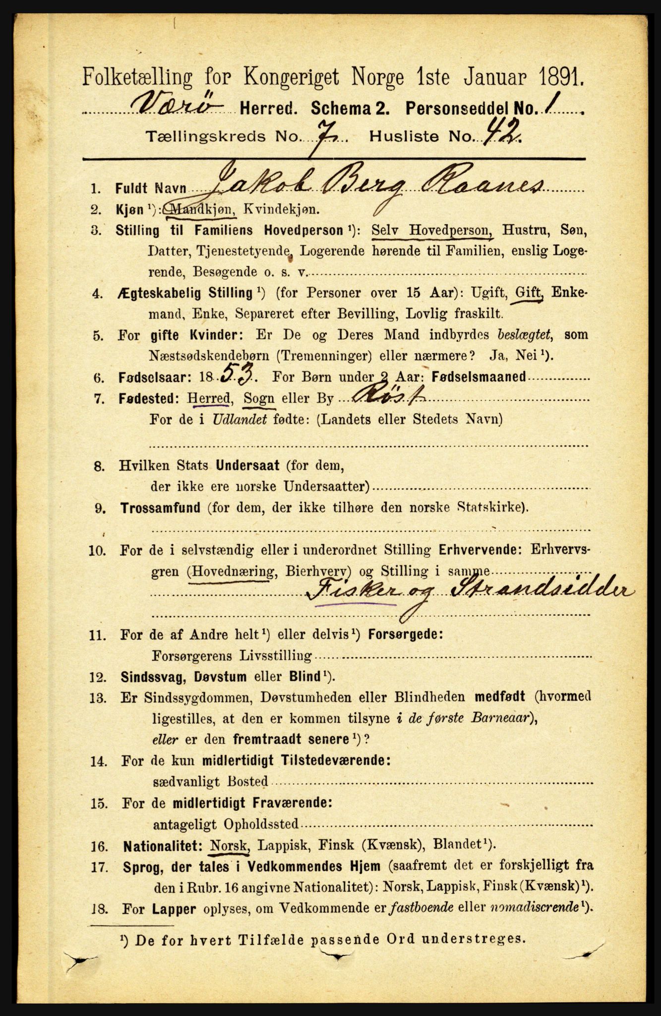 RA, 1891 census for 1857 Værøy, 1891, p. 1026