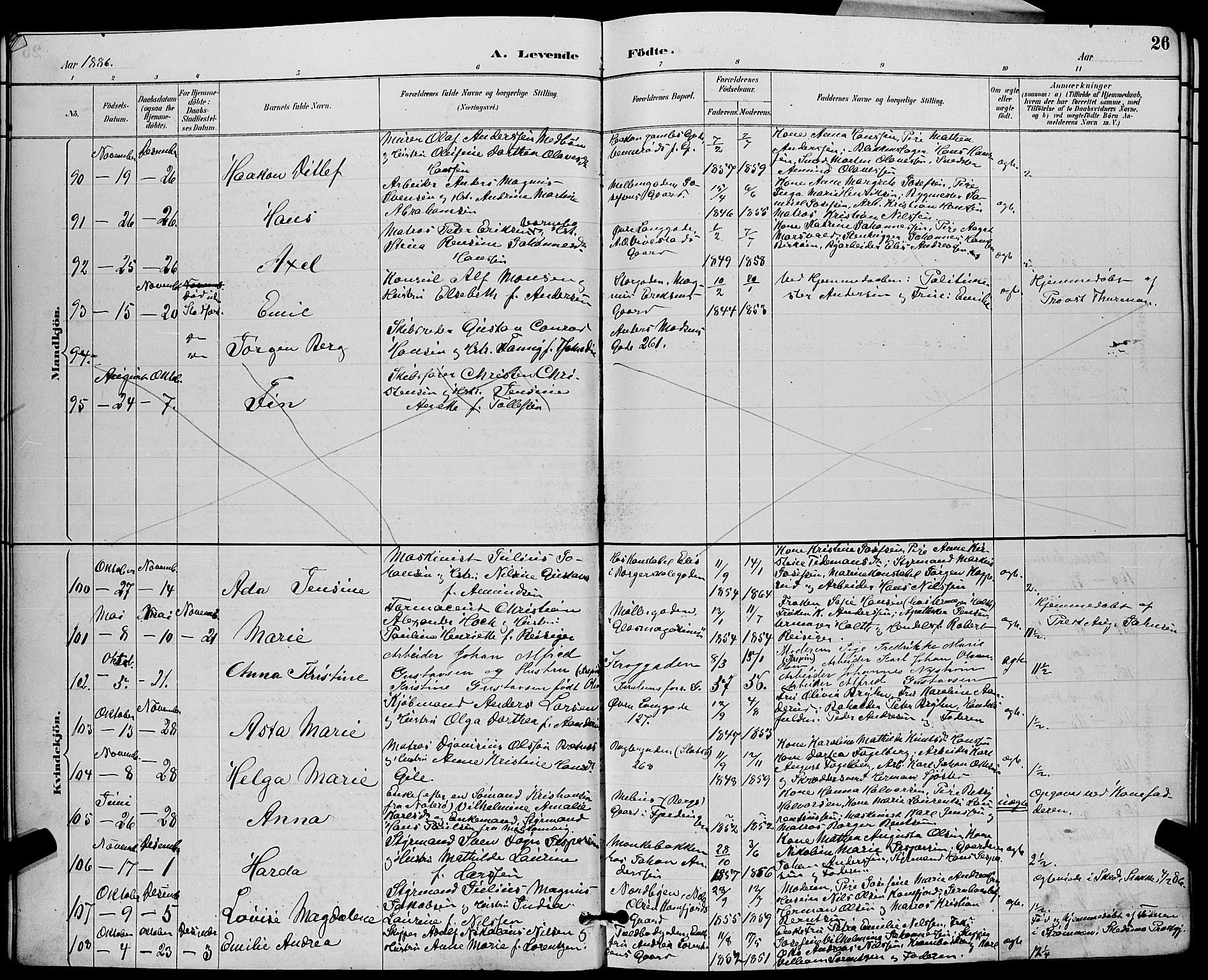 Tønsberg kirkebøker, AV/SAKO-A-330/G/Ga/L0006: Parish register (copy) no. 6, 1885-1895, p. 26