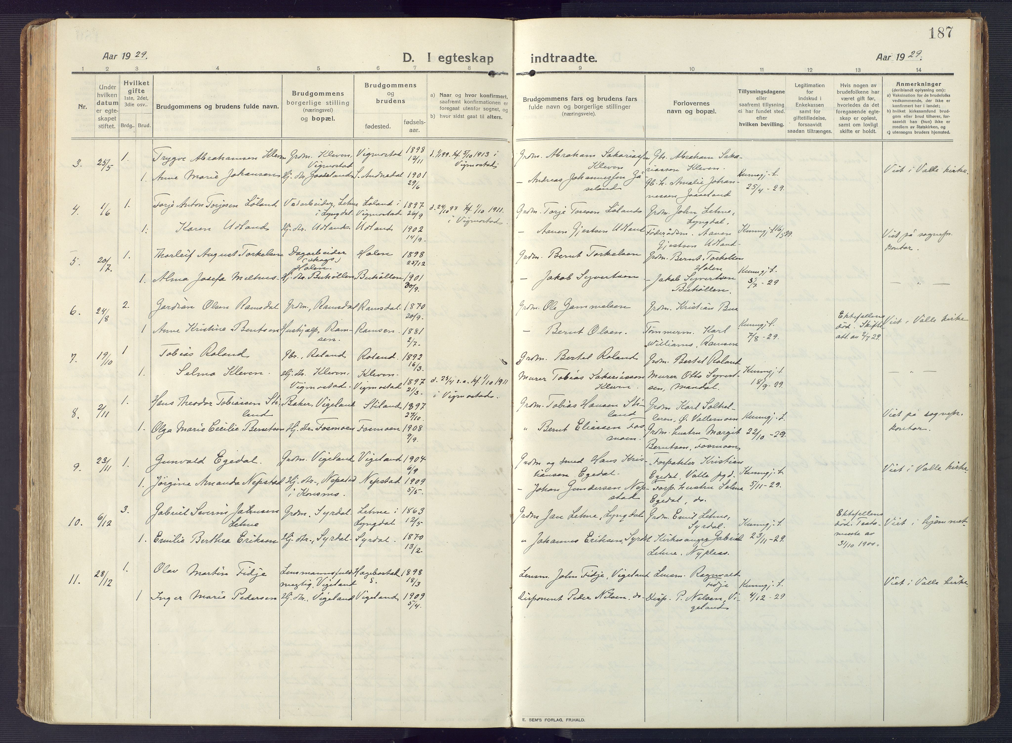 Sør-Audnedal sokneprestkontor, SAK/1111-0039/F/Fa/Fab/L0011: Parish register (official) no. A 11, 1912-1938, p. 187