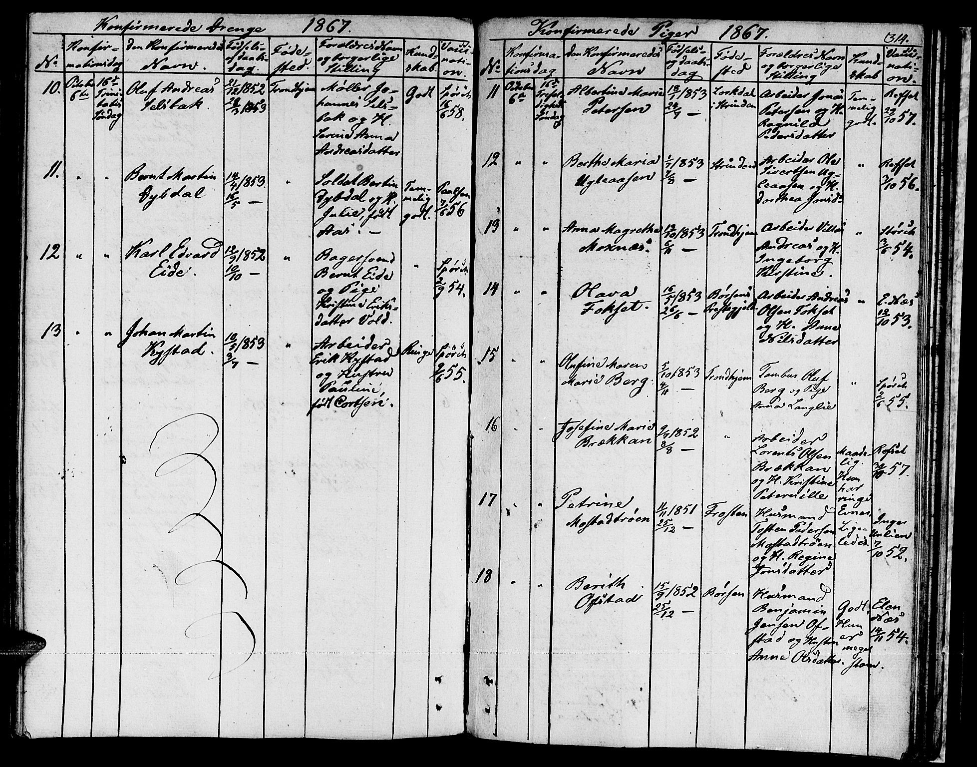 Ministerialprotokoller, klokkerbøker og fødselsregistre - Sør-Trøndelag, AV/SAT-A-1456/601/L0070: Curate's parish register no. 601B03, 1821-1881, p. 314