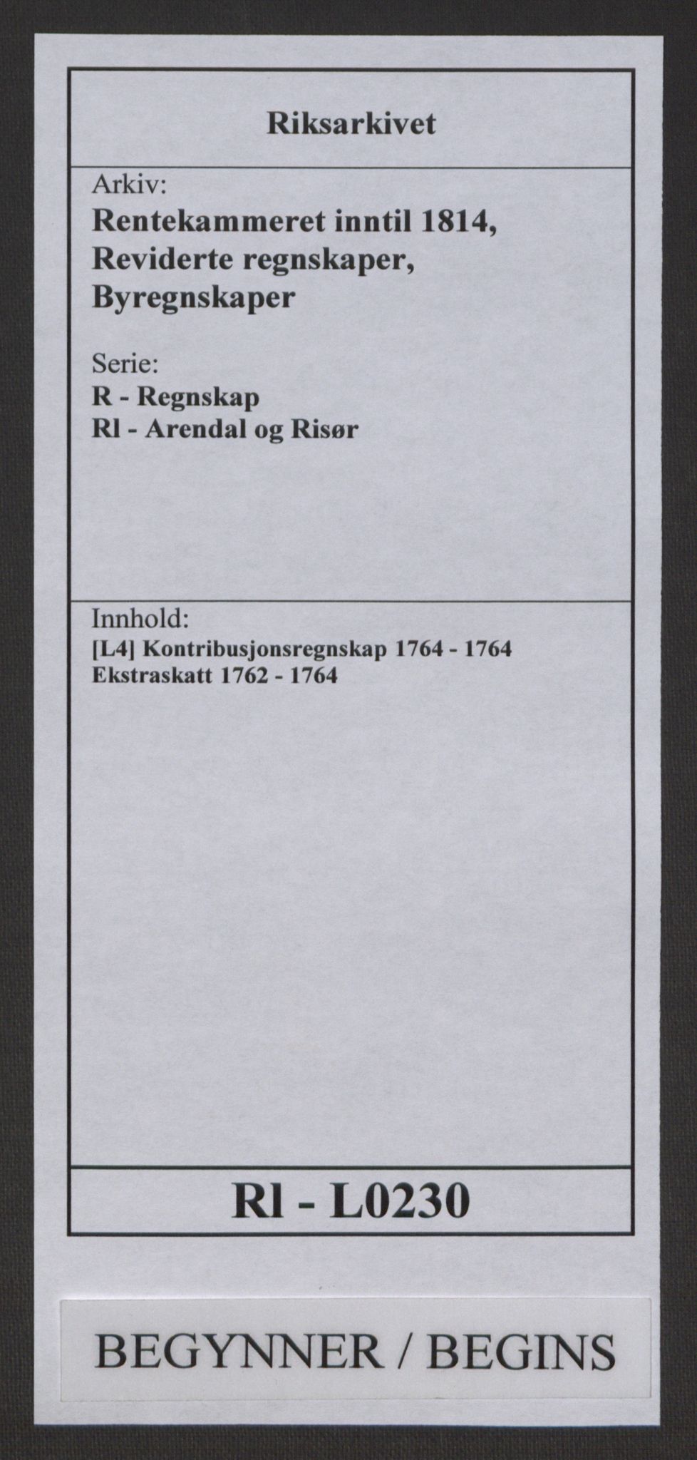 Rentekammeret inntil 1814, Reviderte regnskaper, Byregnskaper, RA/EA-4066/R/Rl/L0230/0001: [L4] Kontribusjonsregnskap / Ekstraskatt, 1762-1764, p. 1