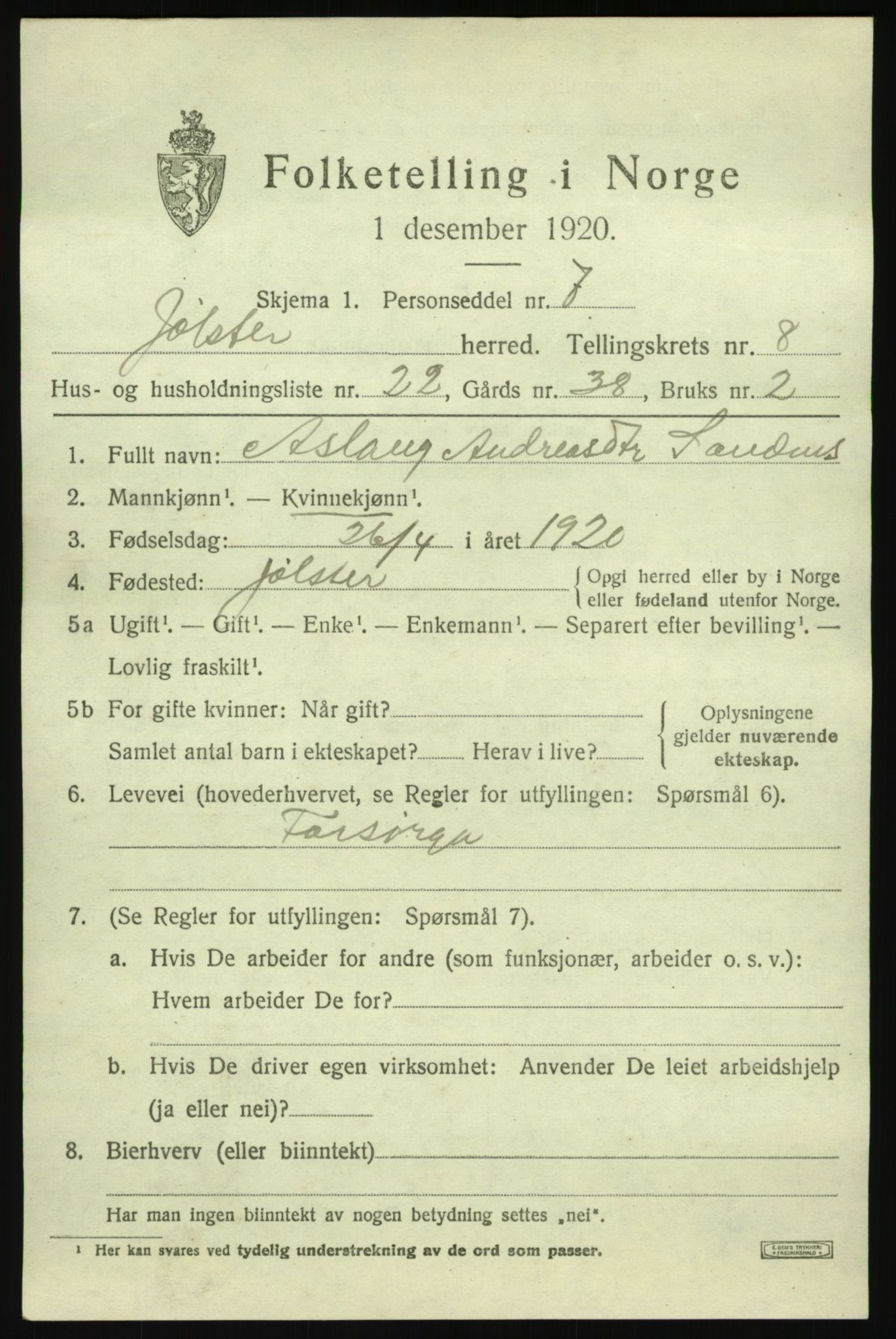 SAB, 1920 census for Jølster, 1920, p. 4306