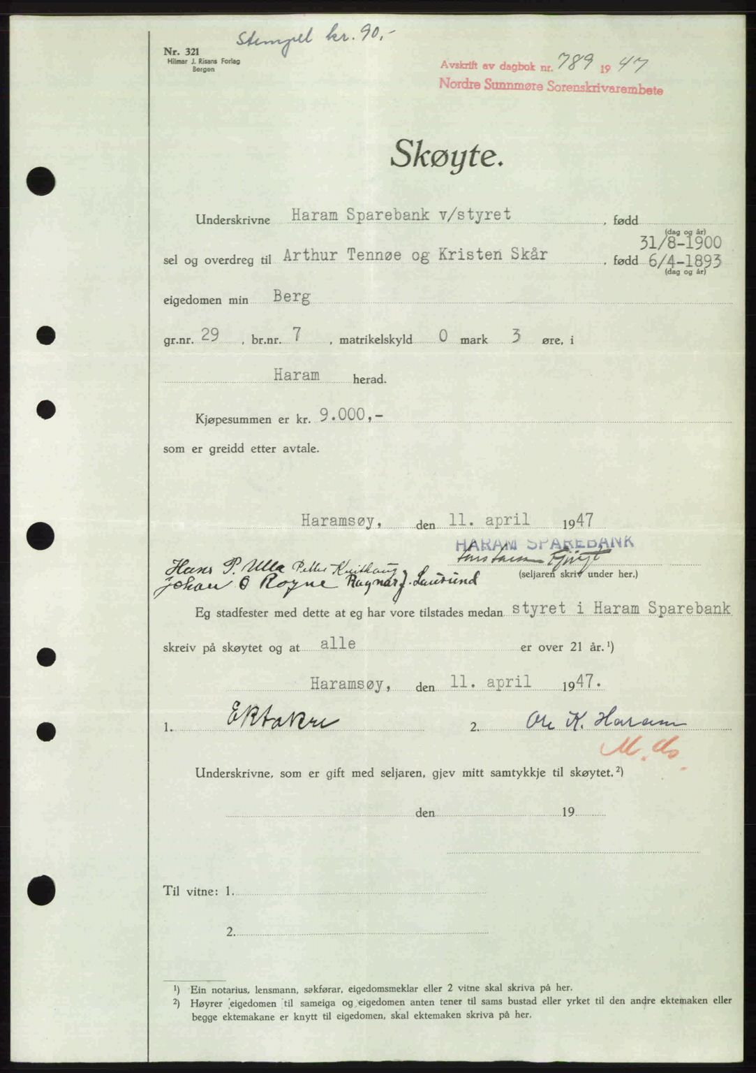 Nordre Sunnmøre sorenskriveri, AV/SAT-A-0006/1/2/2C/2Ca: Mortgage book no. A24, 1947-1947, Diary no: : 789/1947