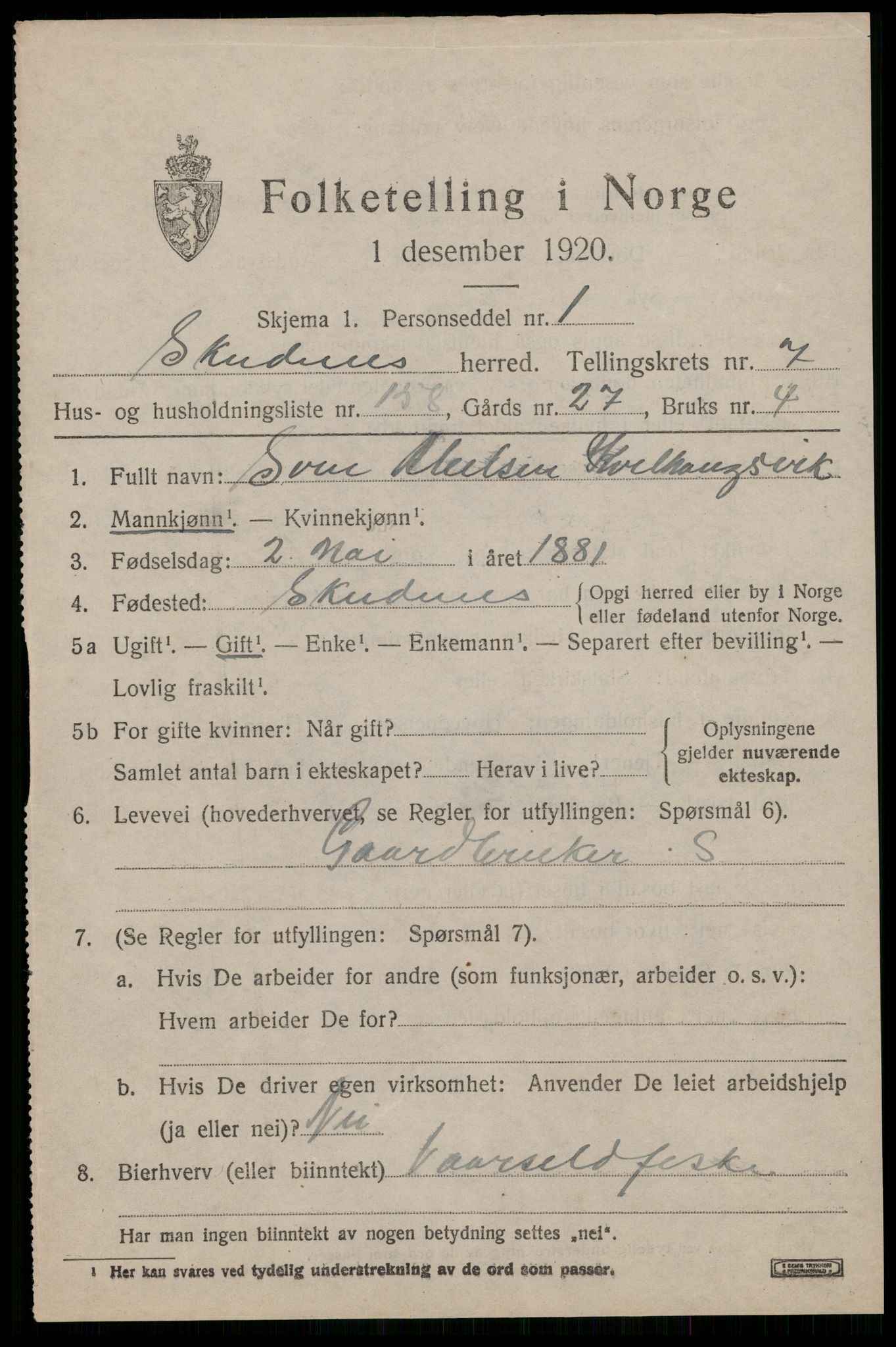 SAST, 1920 census for Skudenes, 1920, p. 7308