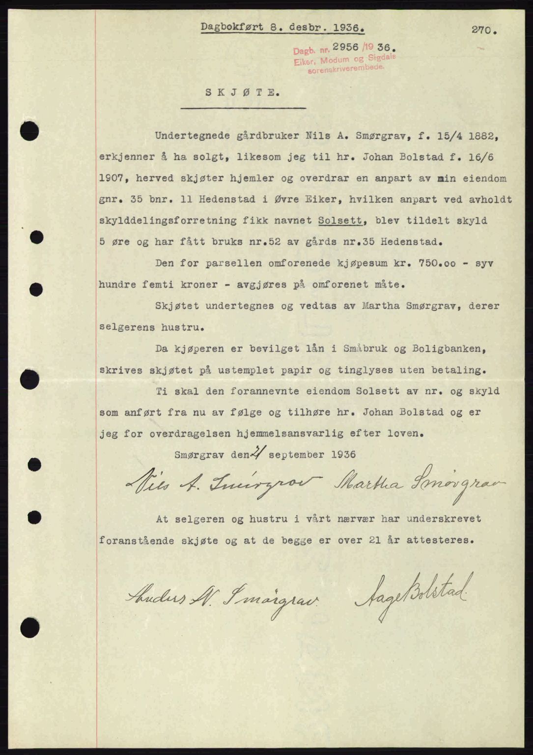Eiker, Modum og Sigdal sorenskriveri, SAKO/A-123/G/Ga/Gab/L0034: Mortgage book no. A4, 1936-1937, Diary no: : 2956/1936