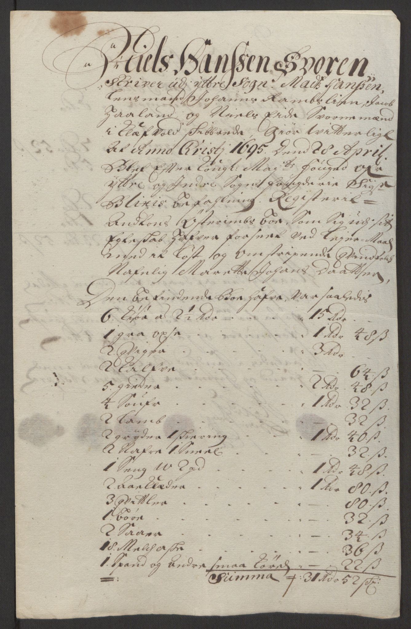 Rentekammeret inntil 1814, Reviderte regnskaper, Fogderegnskap, AV/RA-EA-4092/R52/L3308: Fogderegnskap Sogn, 1695, p. 329