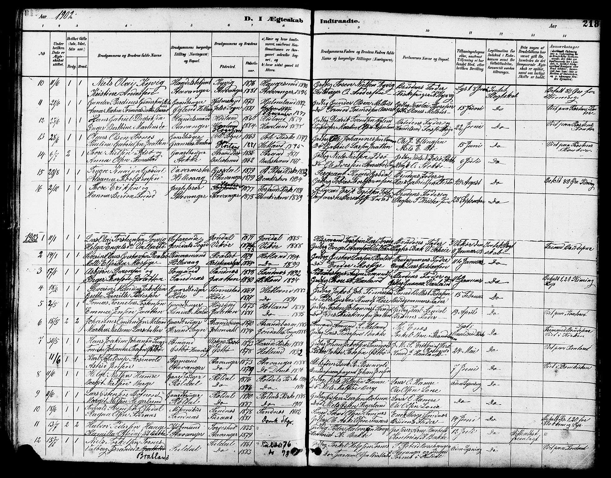 Hetland sokneprestkontor, SAST/A-101826/30/30BB/L0005: Parish register (copy) no. B 5, 1878-1910, p. 218