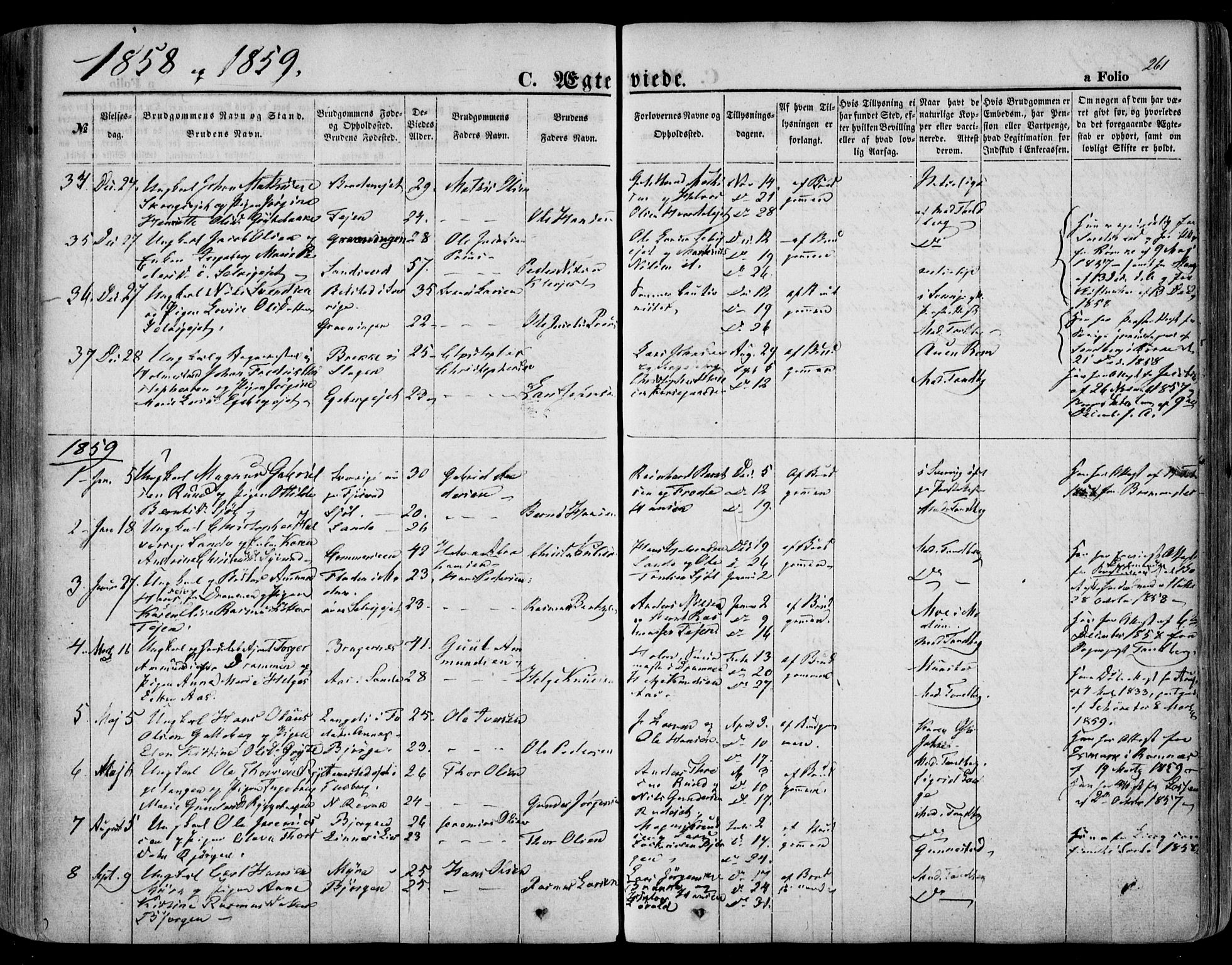 Sande Kirkebøker, SAKO/A-53/F/Fa/L0004: Parish register (official) no. 4, 1847-1864, p. 261