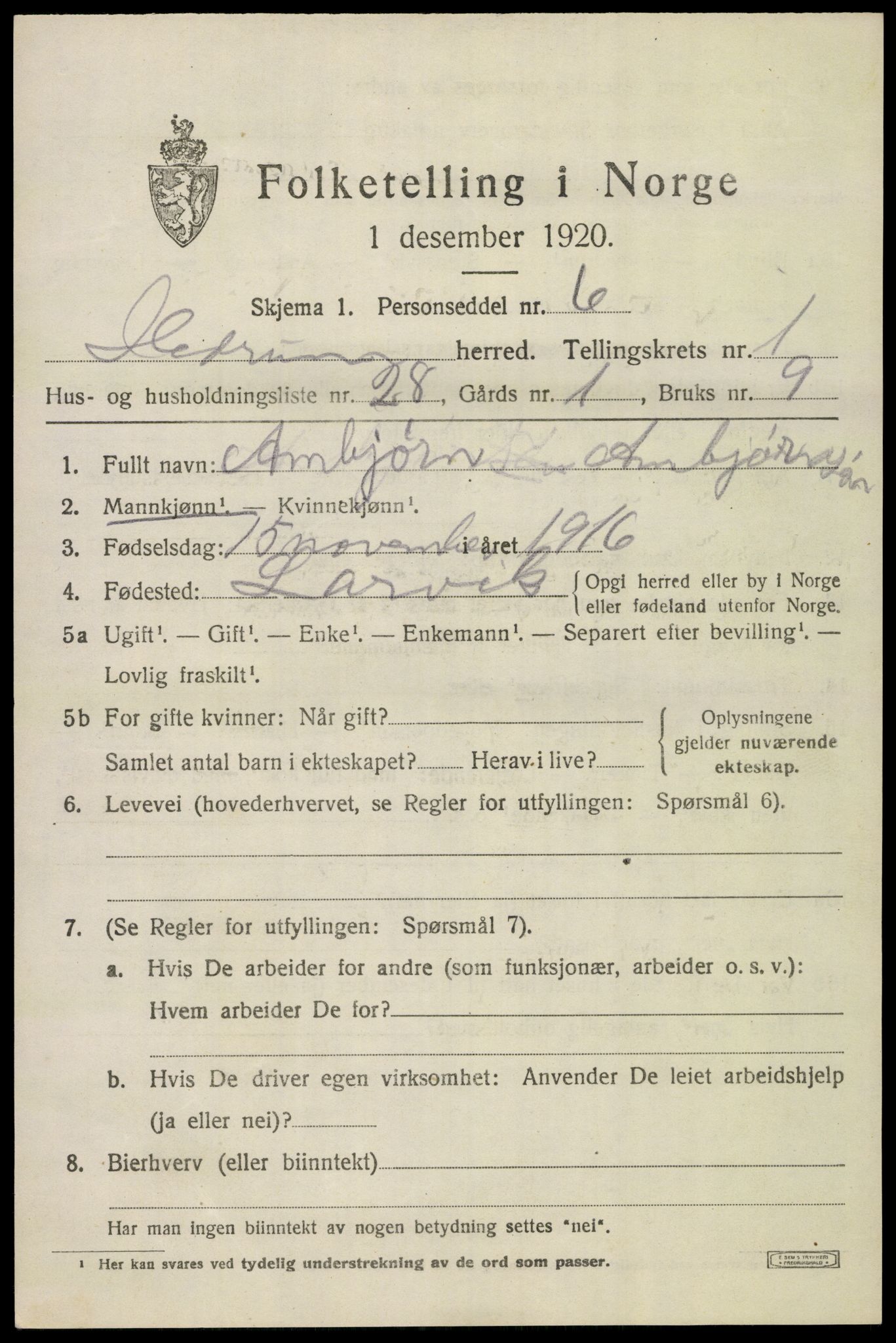 SAKO, 1920 census for Hedrum, 1920, p. 2391