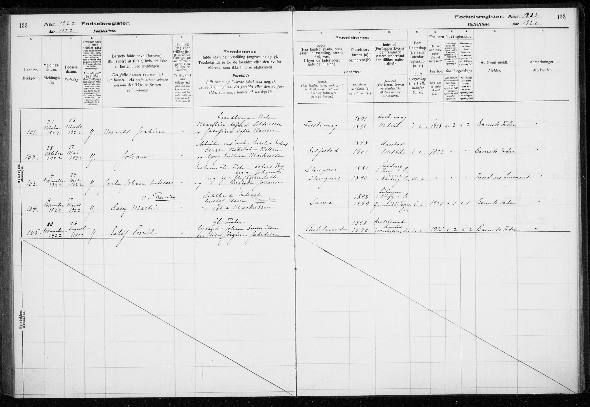 Trondenes sokneprestkontor, AV/SATØ-S-1319/I/Ia/L0089: Birth register no. 89, 1916-1925, p. 133