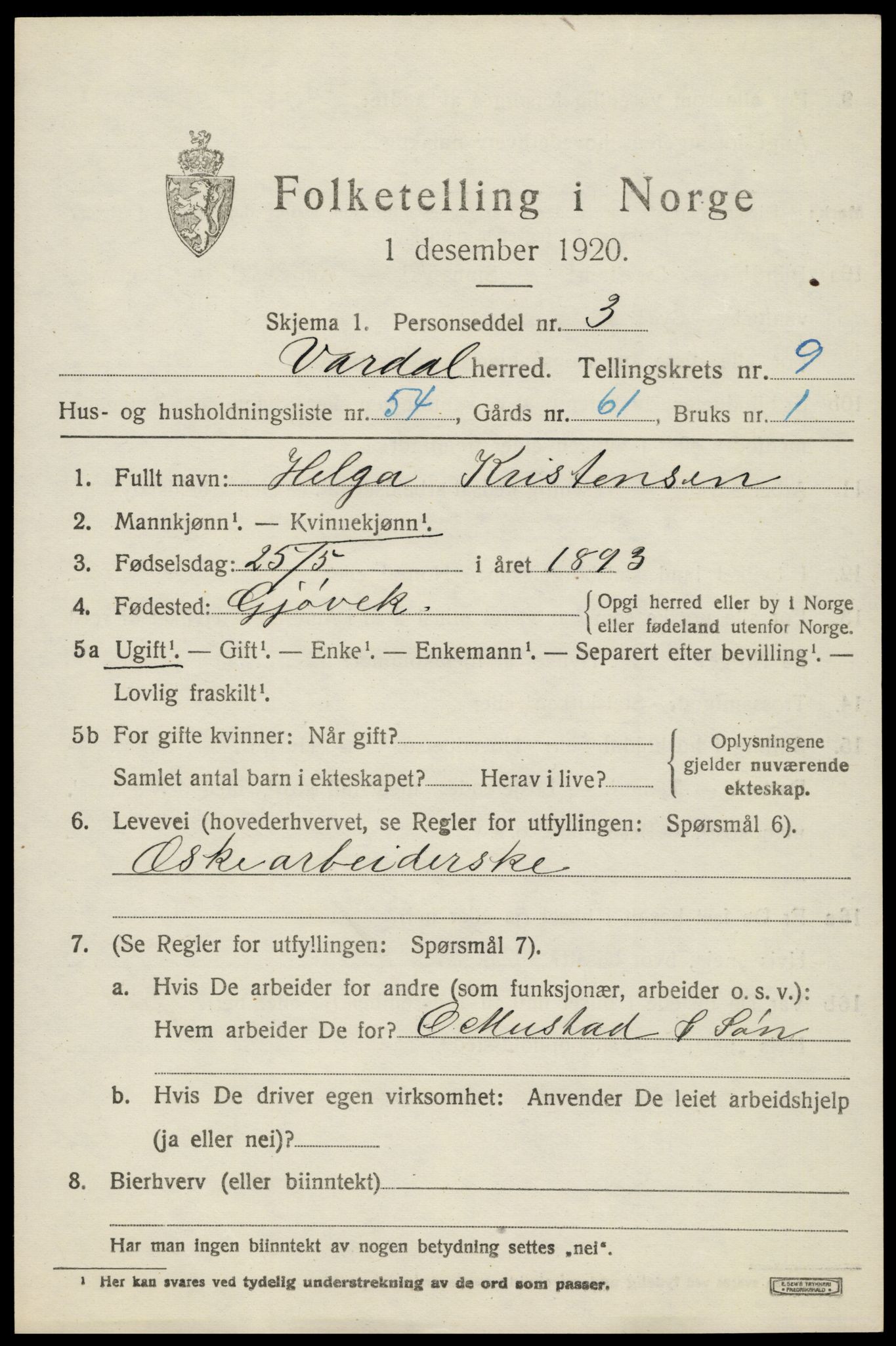 SAH, 1920 census for Vardal, 1920, p. 7447