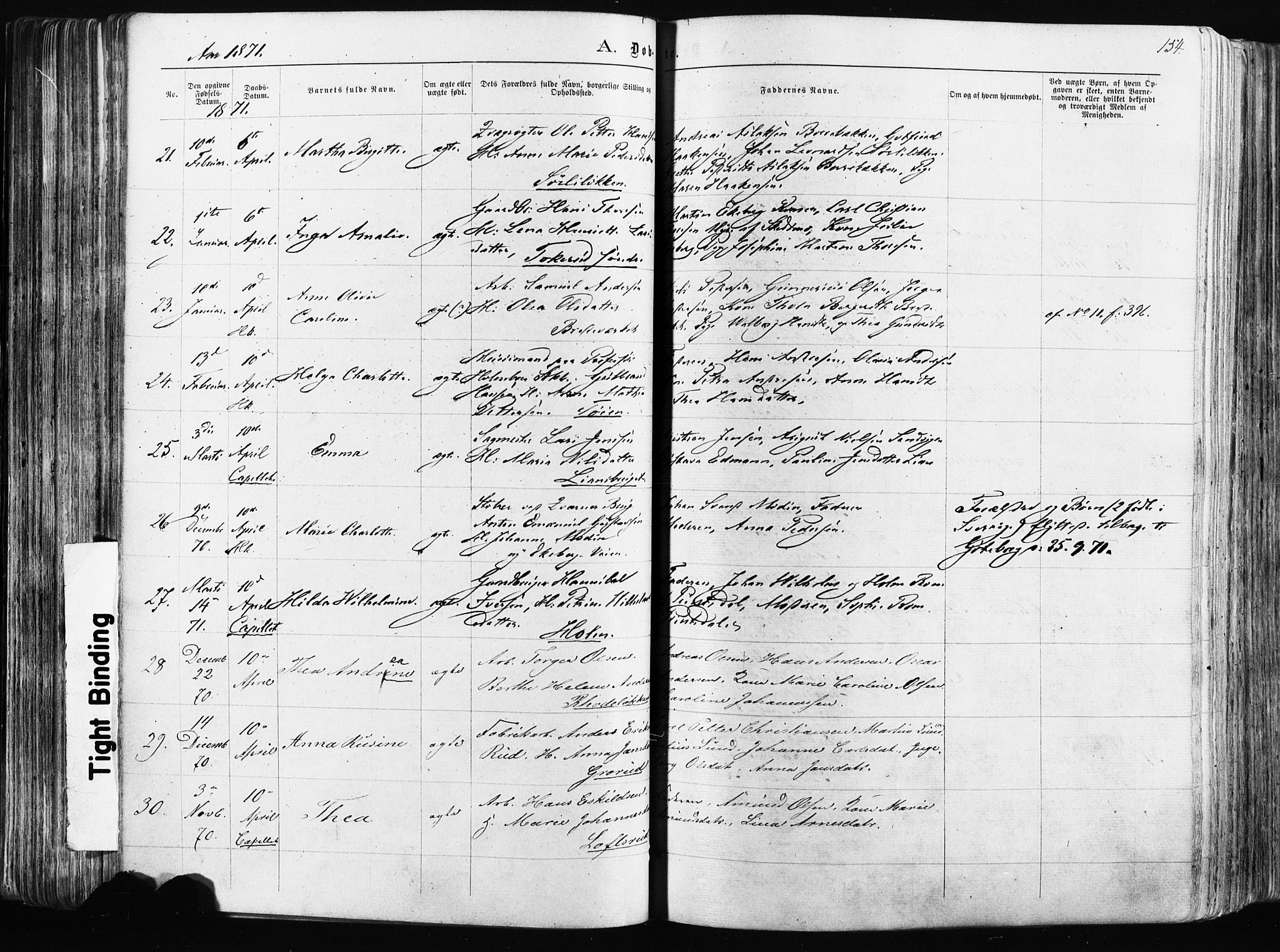 Østre Aker prestekontor Kirkebøker, AV/SAO-A-10840/F/Fa/L0003: Parish register (official) no. I 3, 1869-1875, p. 154