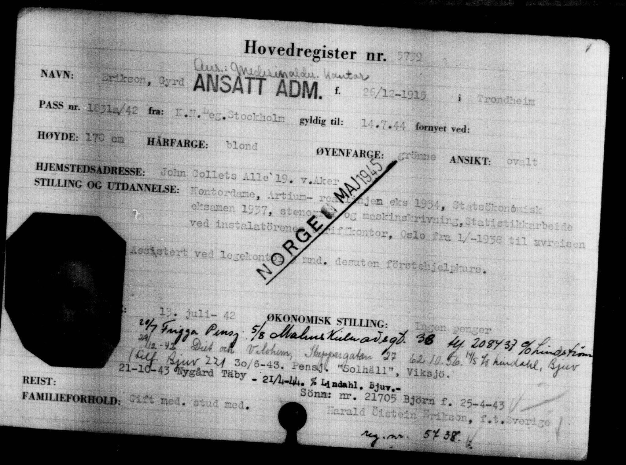 Utenriksstasjonene, Legasjonen i Stockholm, Flyktningkontoret, AV/RA-S-6753/V/Va/L0004: Kjesäterkartoteket, flyktninger med registreringsnr. 3496-6610, 1940-1945, p. 2601