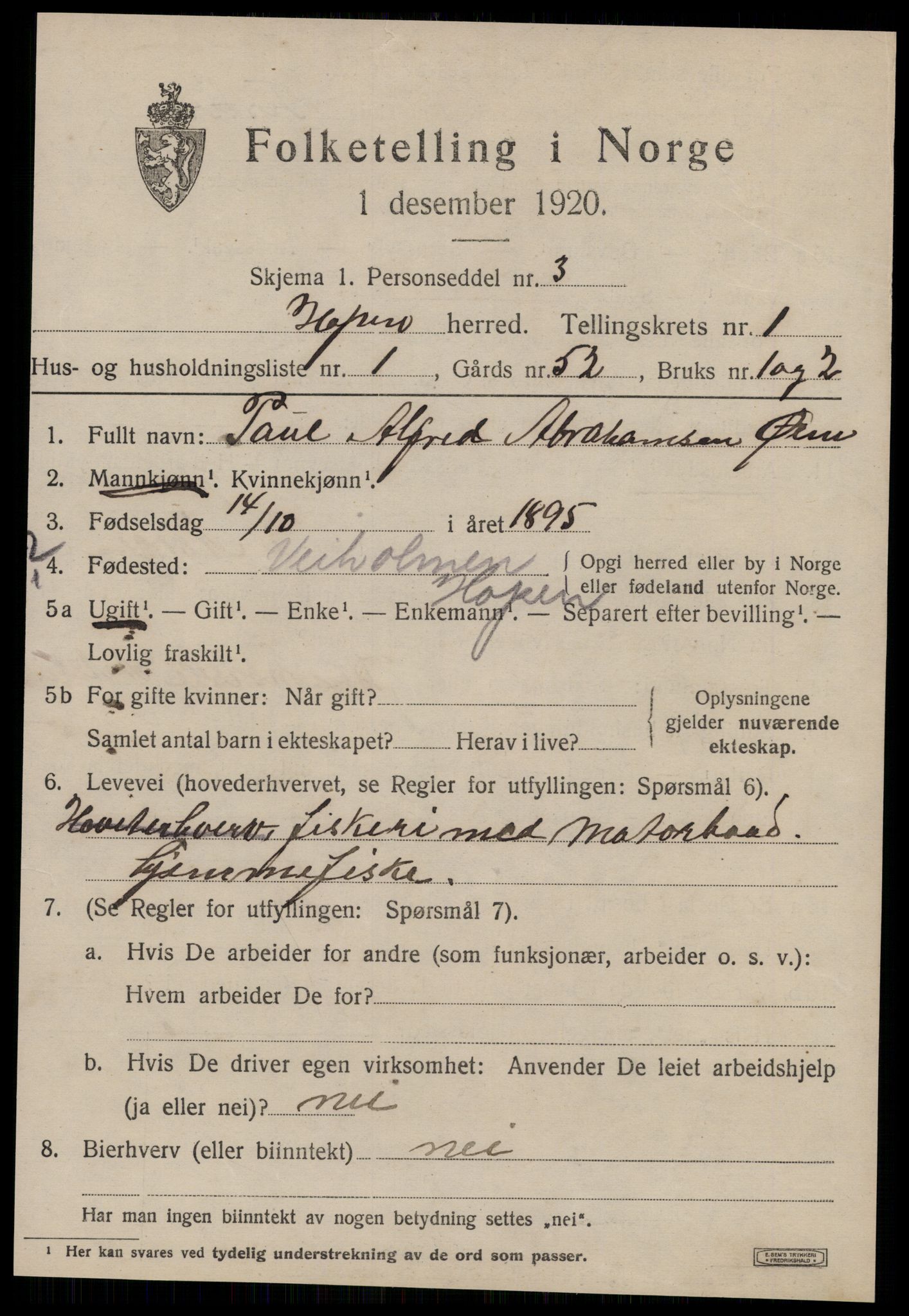 SAT, 1920 census for Hopen, 1920, p. 466