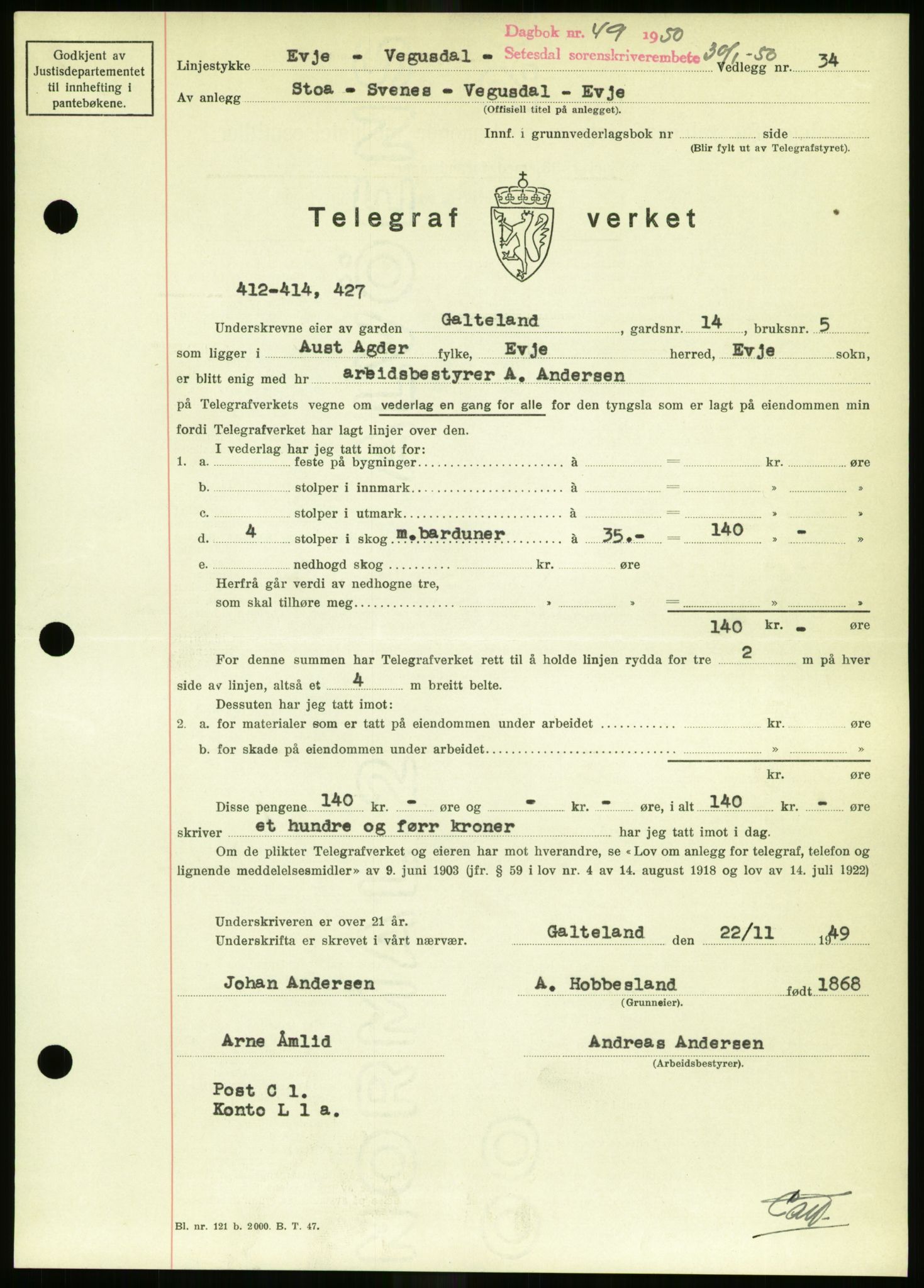 Setesdal sorenskriveri, SAK/1221-0011/G/Gb/L0050: Mortgage book no. B 38, 1949-1952, Diary no: : 49/1950