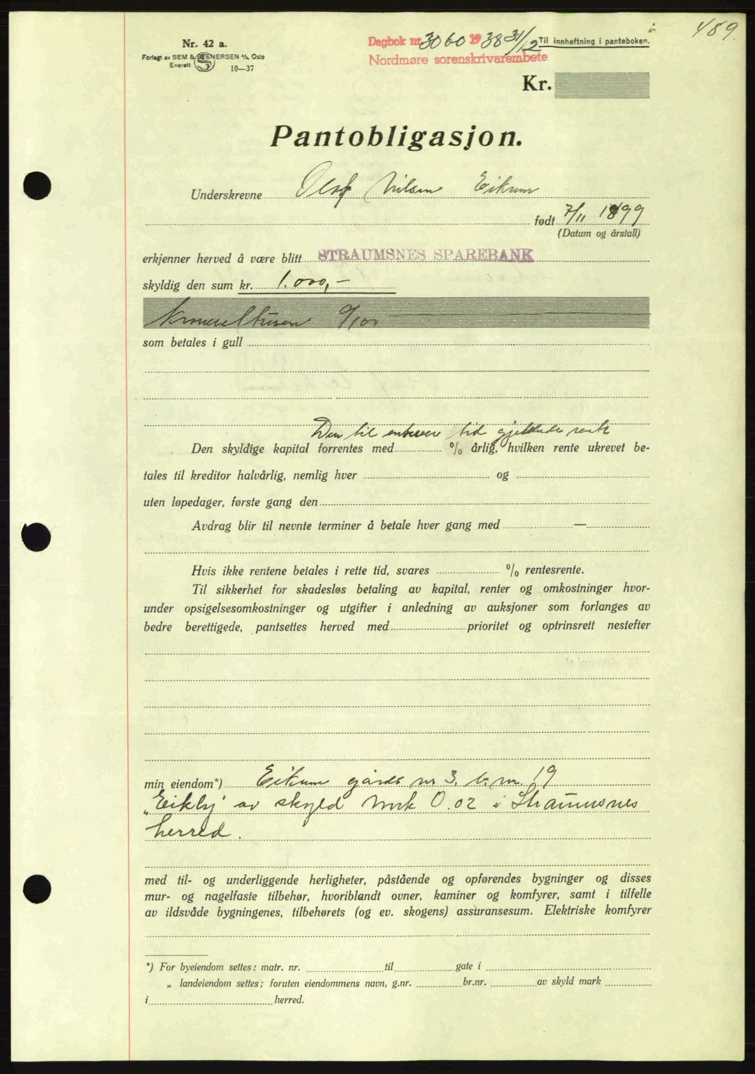 Nordmøre sorenskriveri, SAT/A-4132/1/2/2Ca: Mortgage book no. B84, 1938-1939, Diary no: : 3060/1938