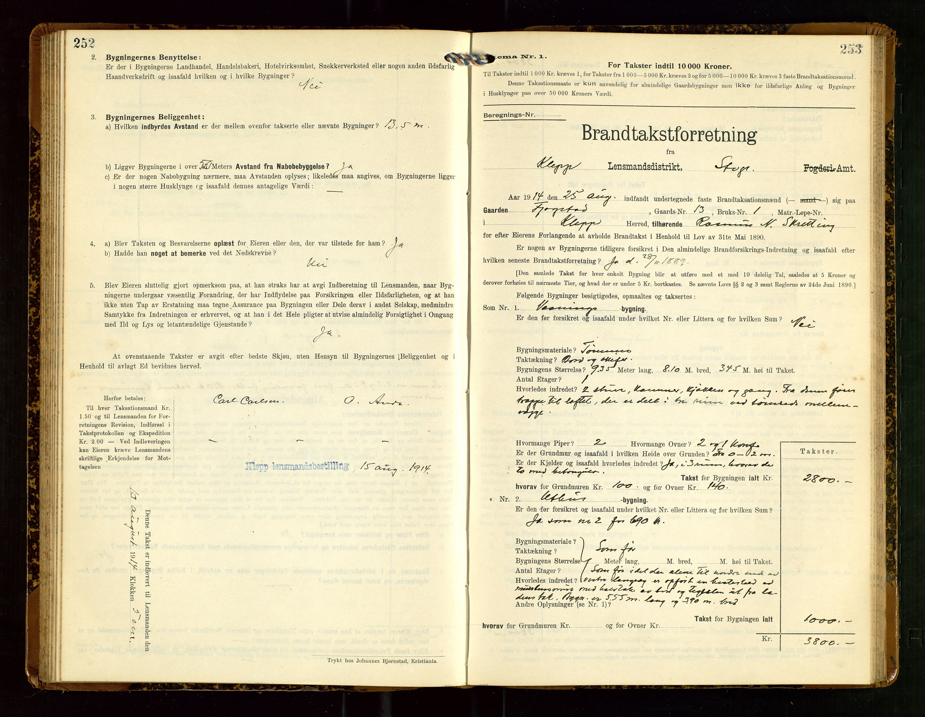 Klepp lensmannskontor, AV/SAST-A-100163/Goc/L0007: "Brandtaxationsprotokol" m/register, 1911-1915, p. 252-253