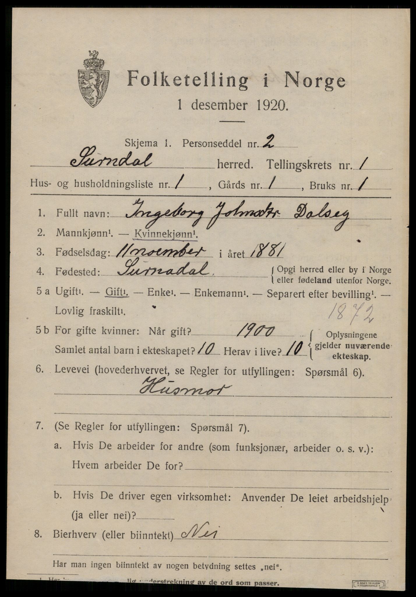 SAT, 1920 census for Surnadal, 1920, p. 1081