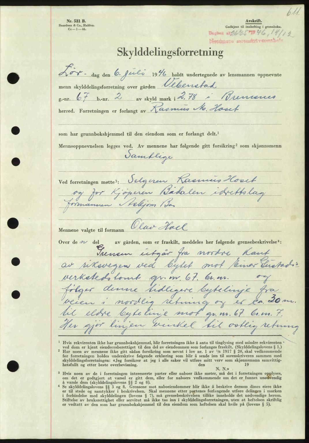 Nordmøre sorenskriveri, AV/SAT-A-4132/1/2/2Ca: Mortgage book no. A103, 1946-1947, Diary no: : 2635/1946