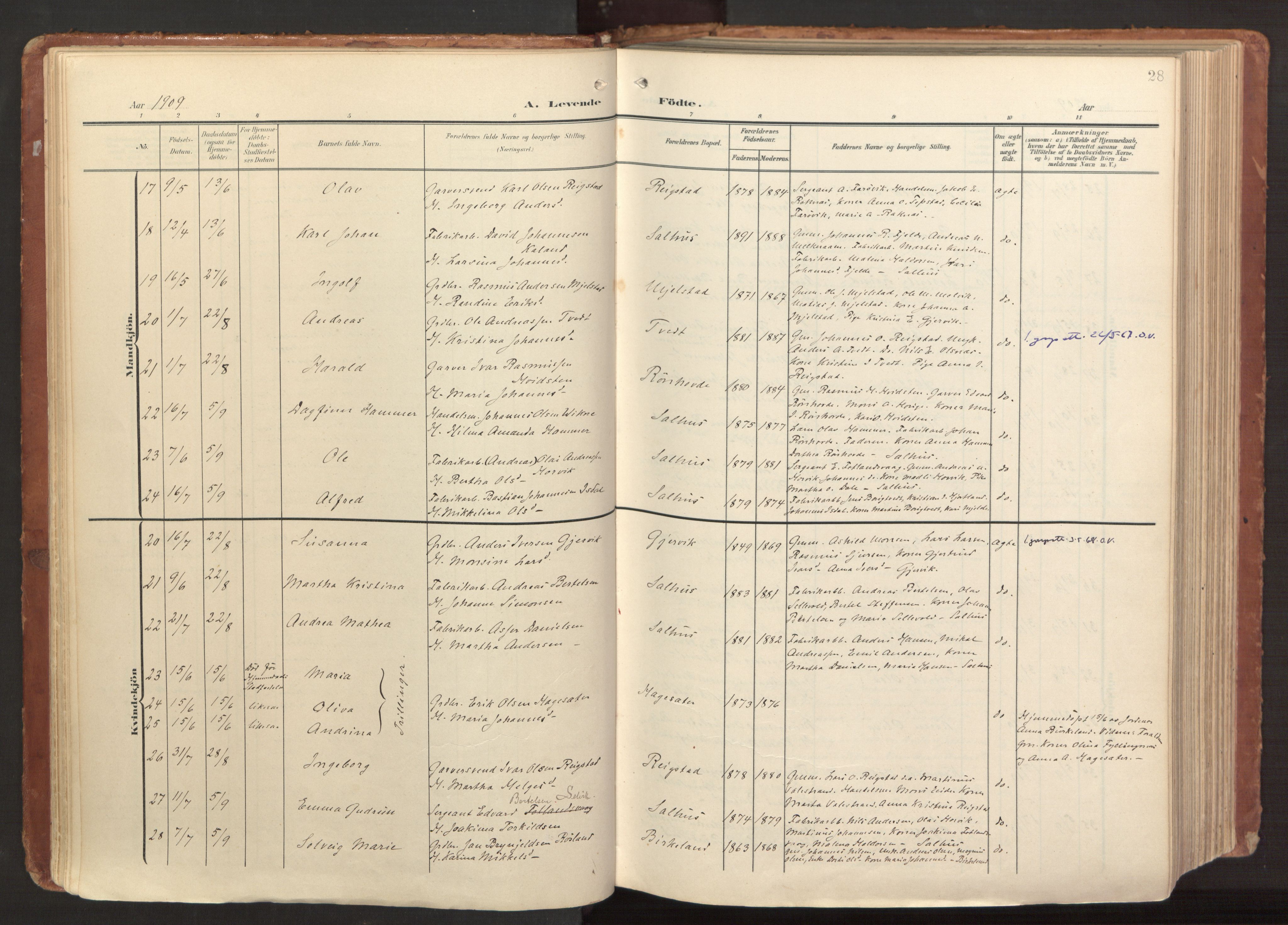 Hamre sokneprestembete, AV/SAB-A-75501/H/Ha/Haa/Haab/L0002: Parish register (official) no. B 2, 1905-1924, p. 28