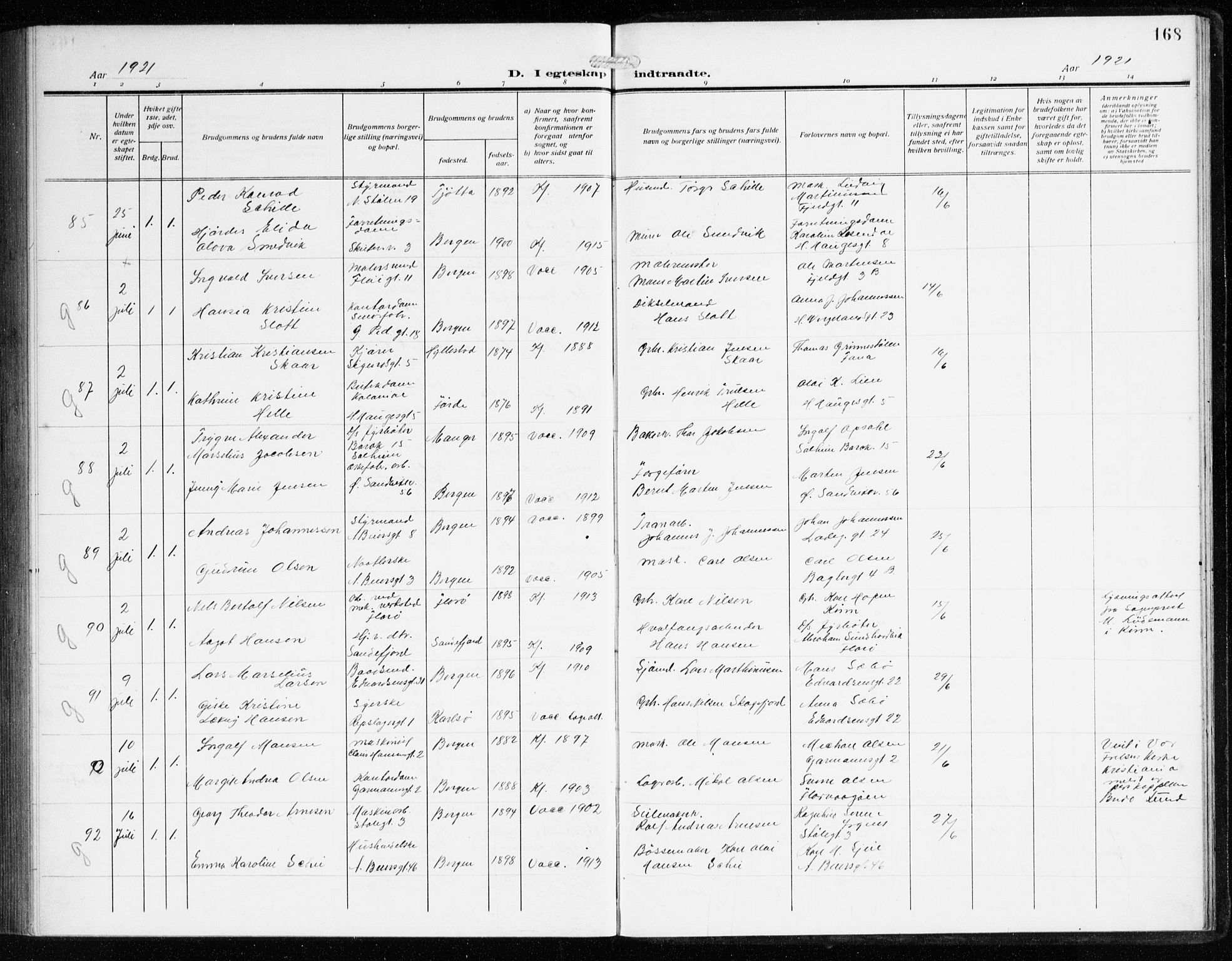 Sandviken Sokneprestembete, SAB/A-77601/H/Ha/L0015: Parish register (official) no. D 2, 1911-1923, p. 168