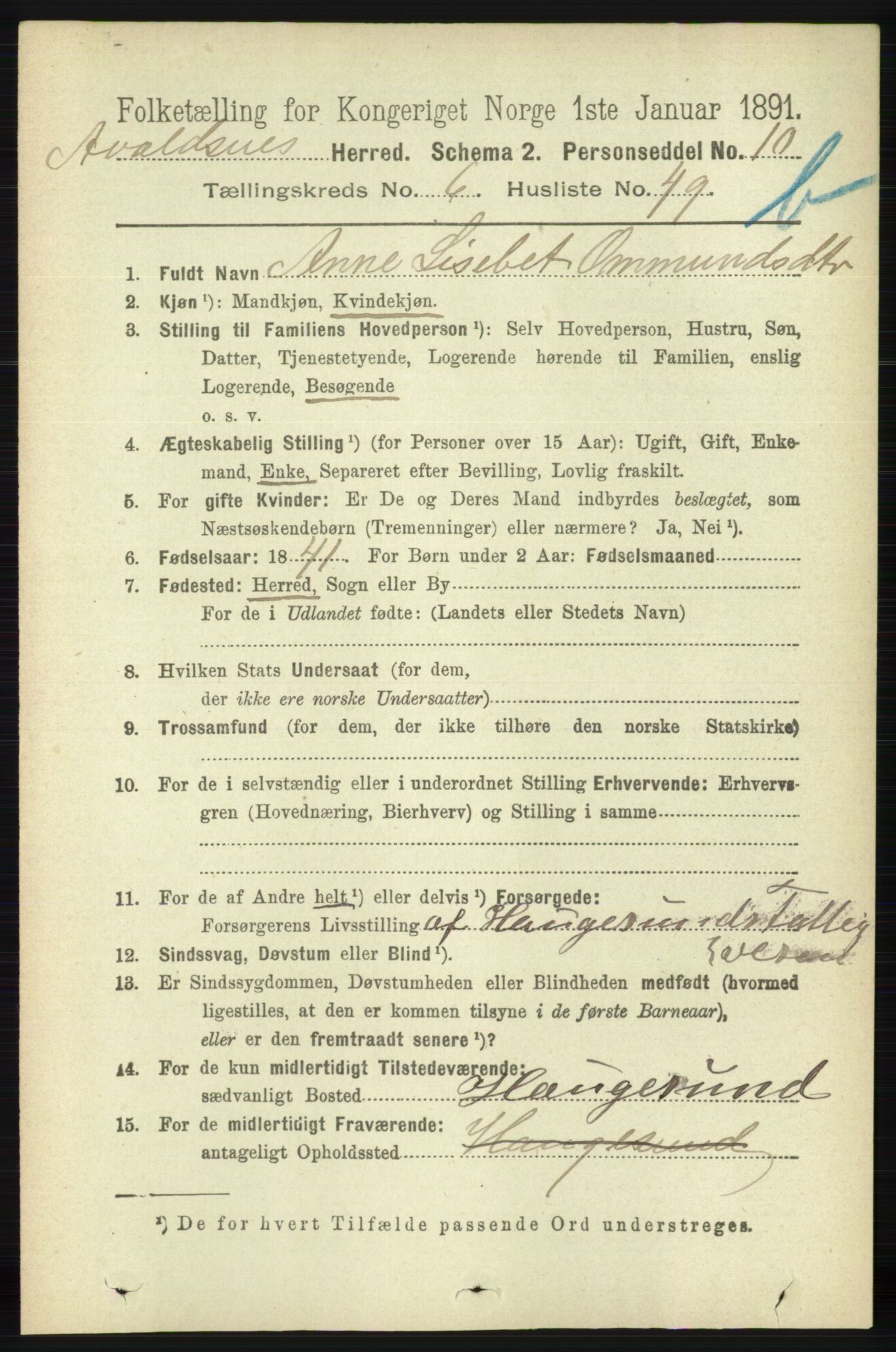 RA, 1891 census for 1147 Avaldsnes, 1891, p. 3516