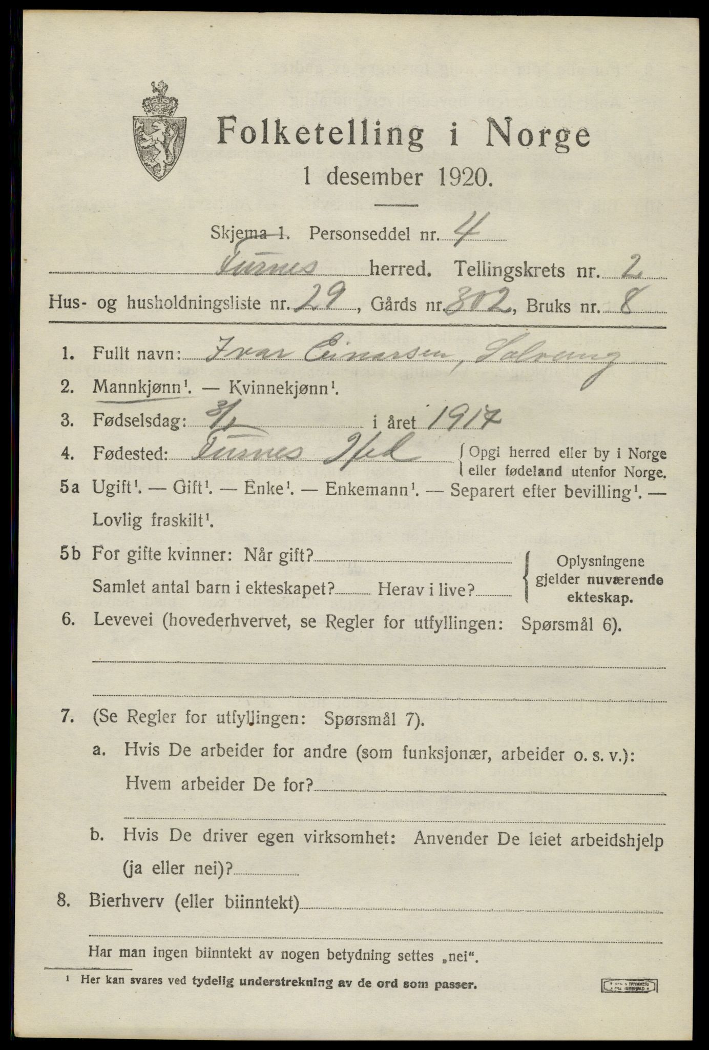 SAH, 1920 census for Furnes, 1920, p. 3397