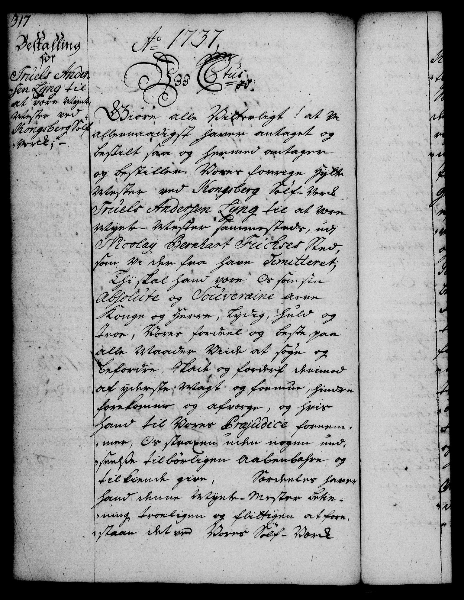 Rentekammeret, Kammerkanselliet, RA/EA-3111/G/Gg/Gge/L0002: Norsk bestallingsprotokoll med register (merket RK 53.26), 1730-1744, p. 317