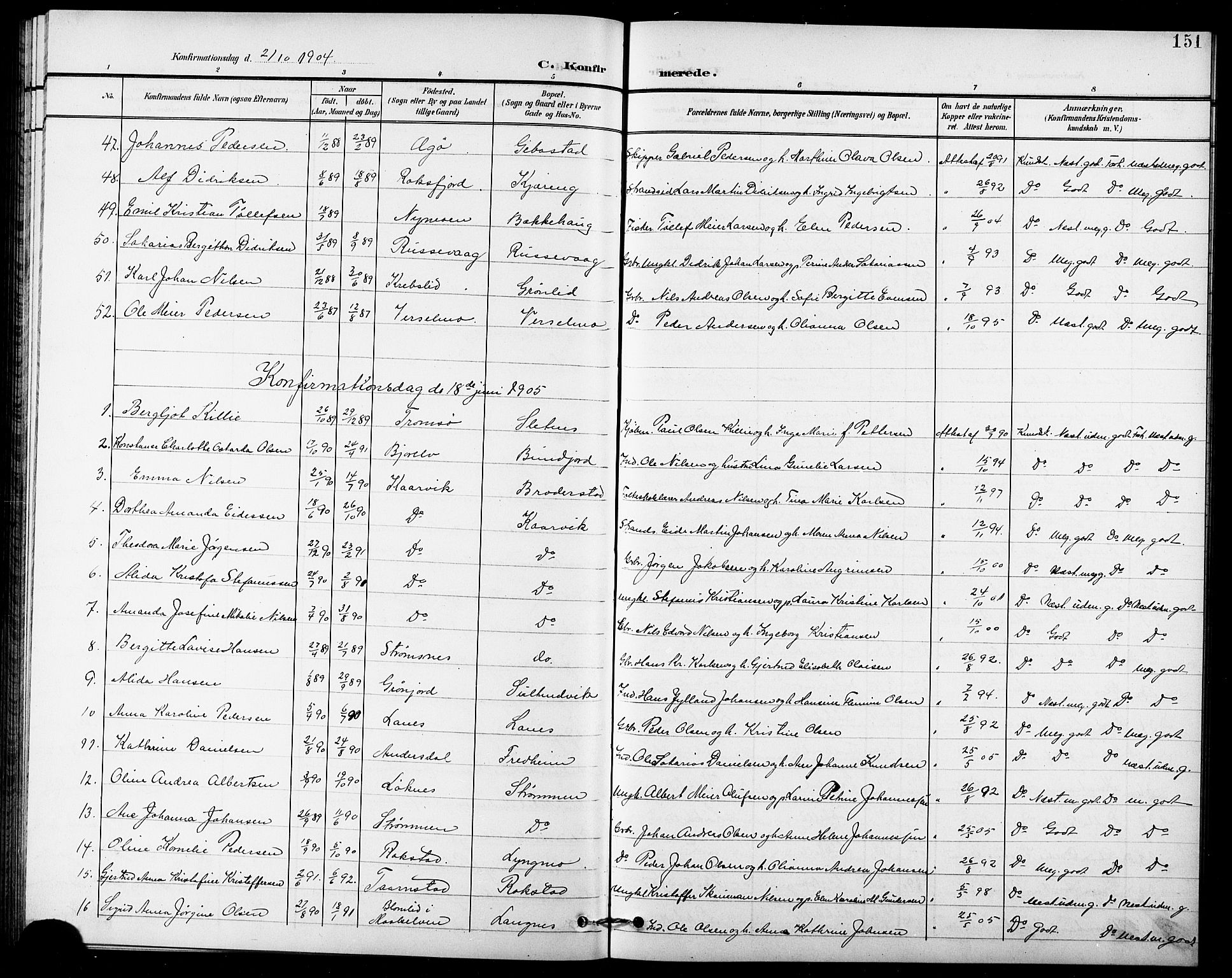 Lenvik sokneprestembete, SATØ/S-1310/H/Ha/Hab/L0008klokker: Parish register (copy) no. 8, 1899-1911, p. 151