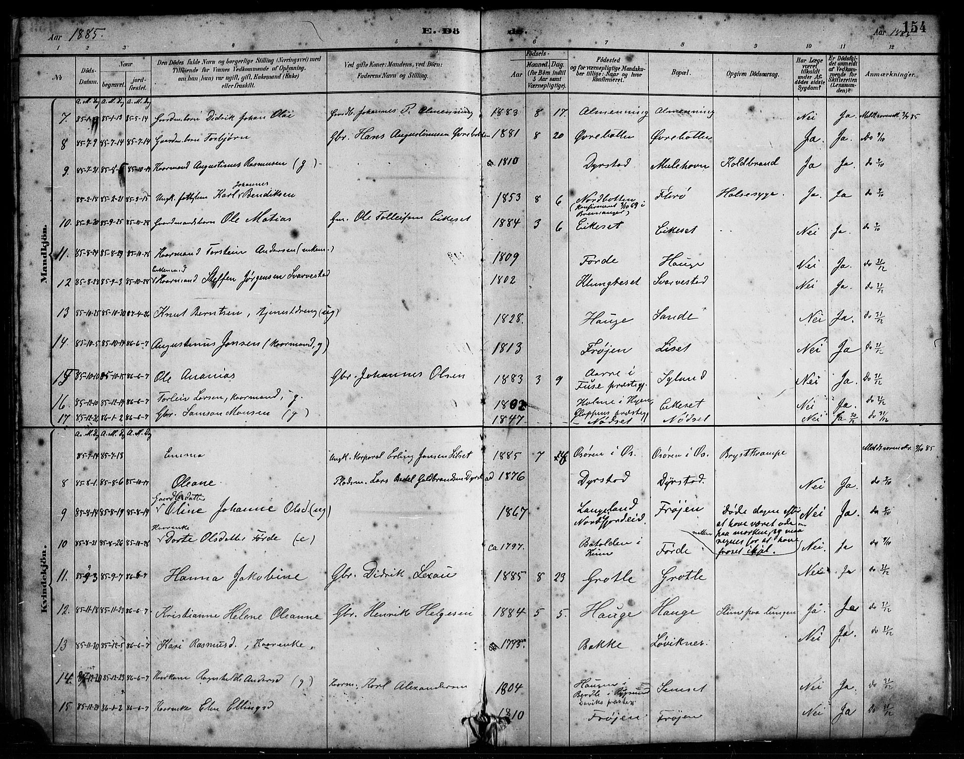 Bremanger sokneprestembete, SAB/A-82201/H/Haa/Haab/L0001: Parish register (official) no. B 1, 1884-1895, p. 154