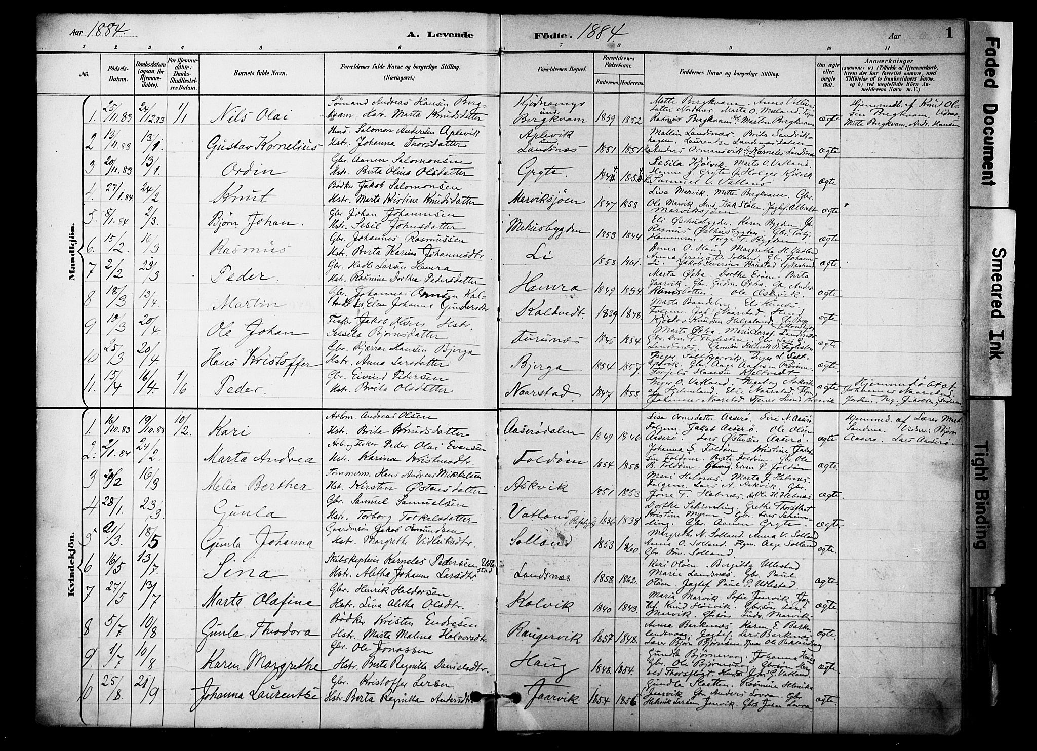 Jelsa sokneprestkontor, SAST/A-101842/01/IV: Parish register (official) no. A 10, 1884-1906, p. 1
