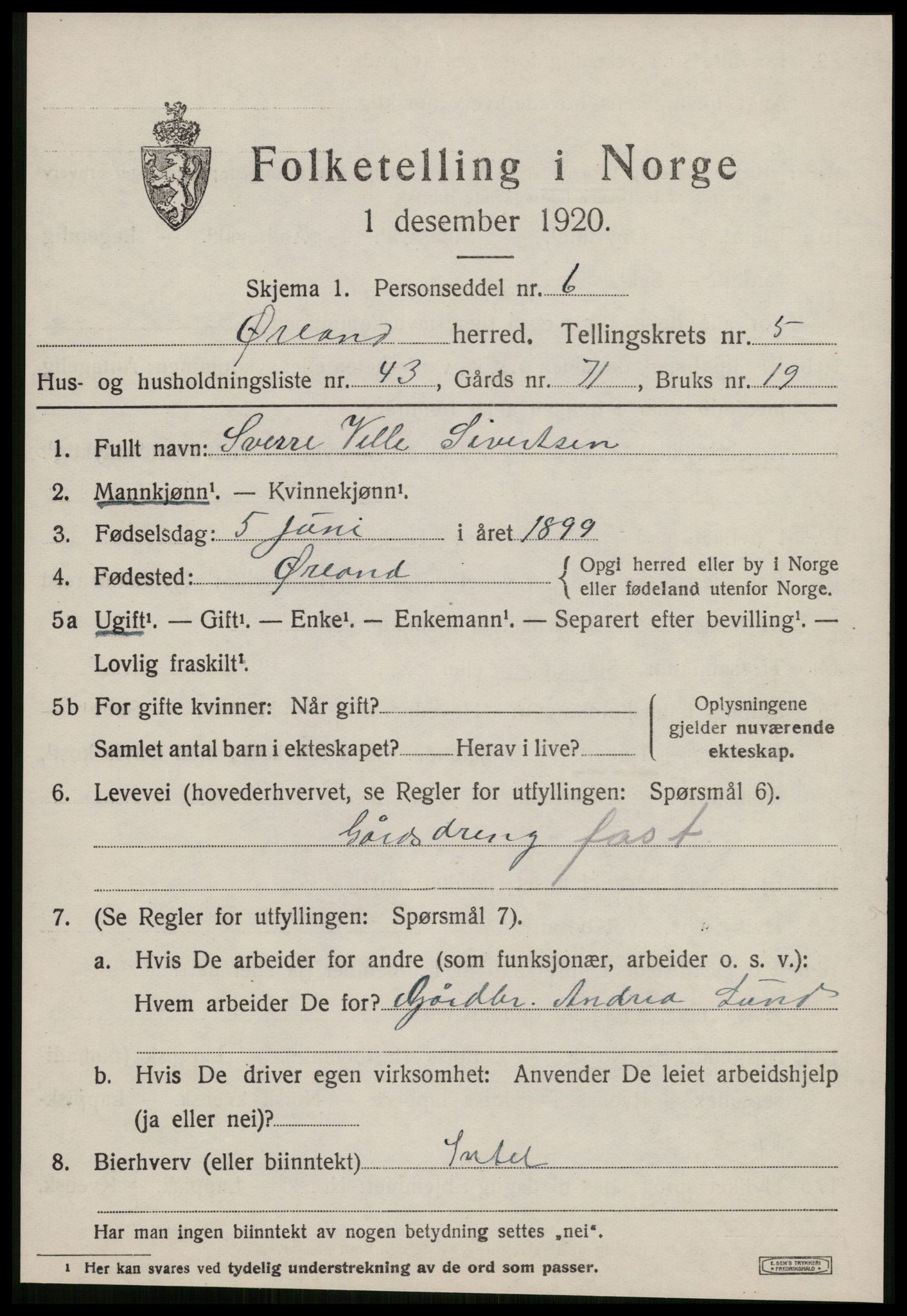 SAT, 1920 census for Ørland, 1920, p. 4923