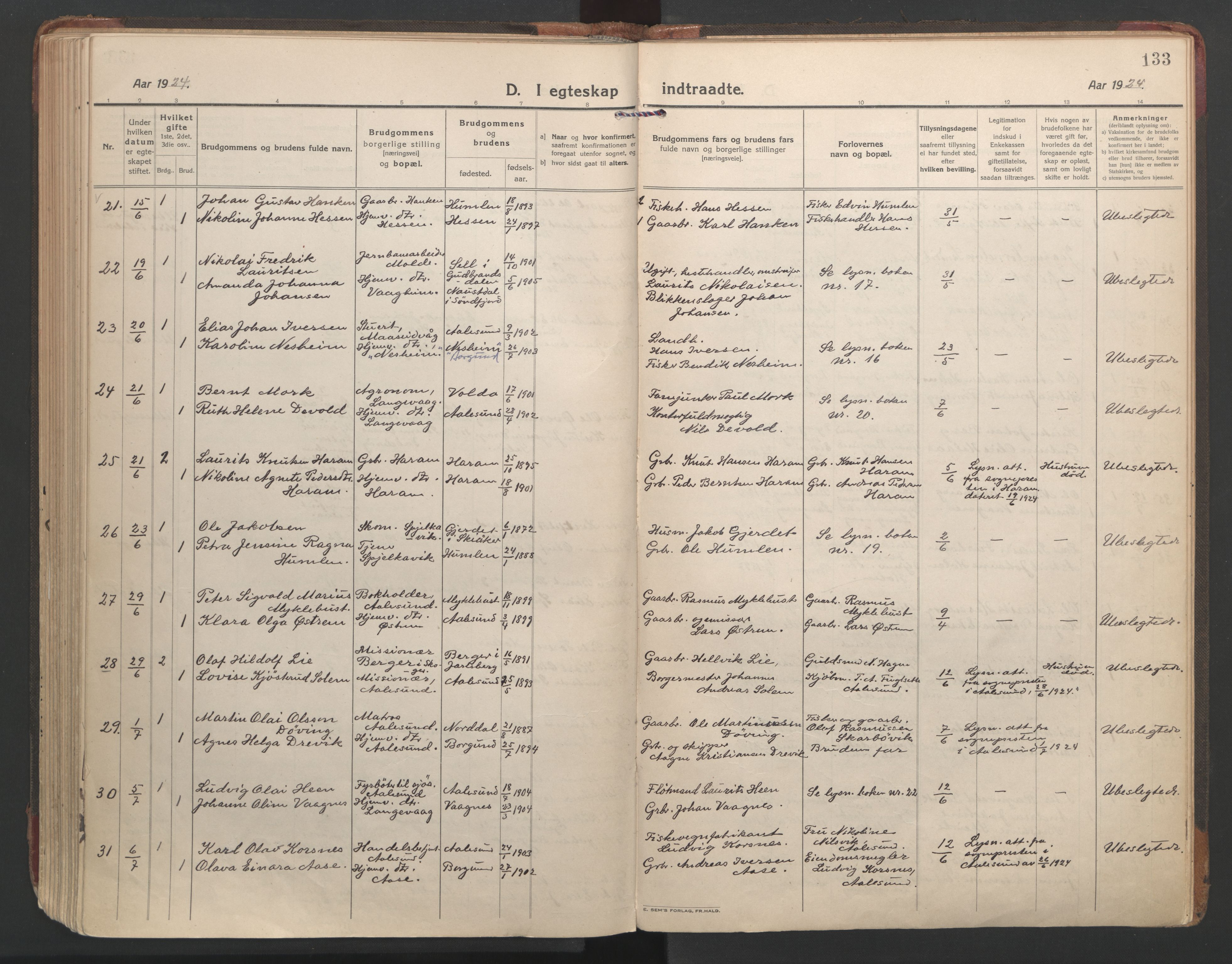 Ministerialprotokoller, klokkerbøker og fødselsregistre - Møre og Romsdal, SAT/A-1454/528/L0412: Parish register (official) no. 528A21, 1920-1926, p. 133