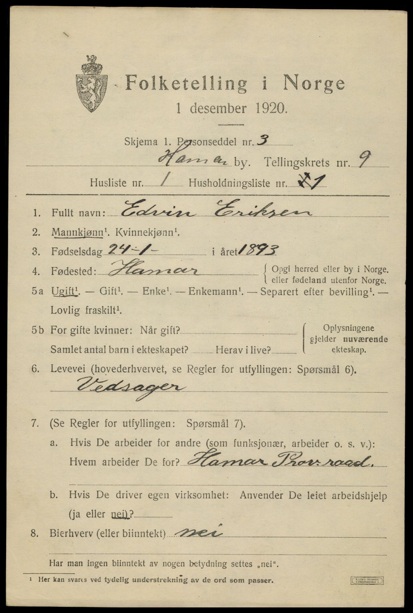 SAH, 1920 census for Hamar, 1920, p. 16093