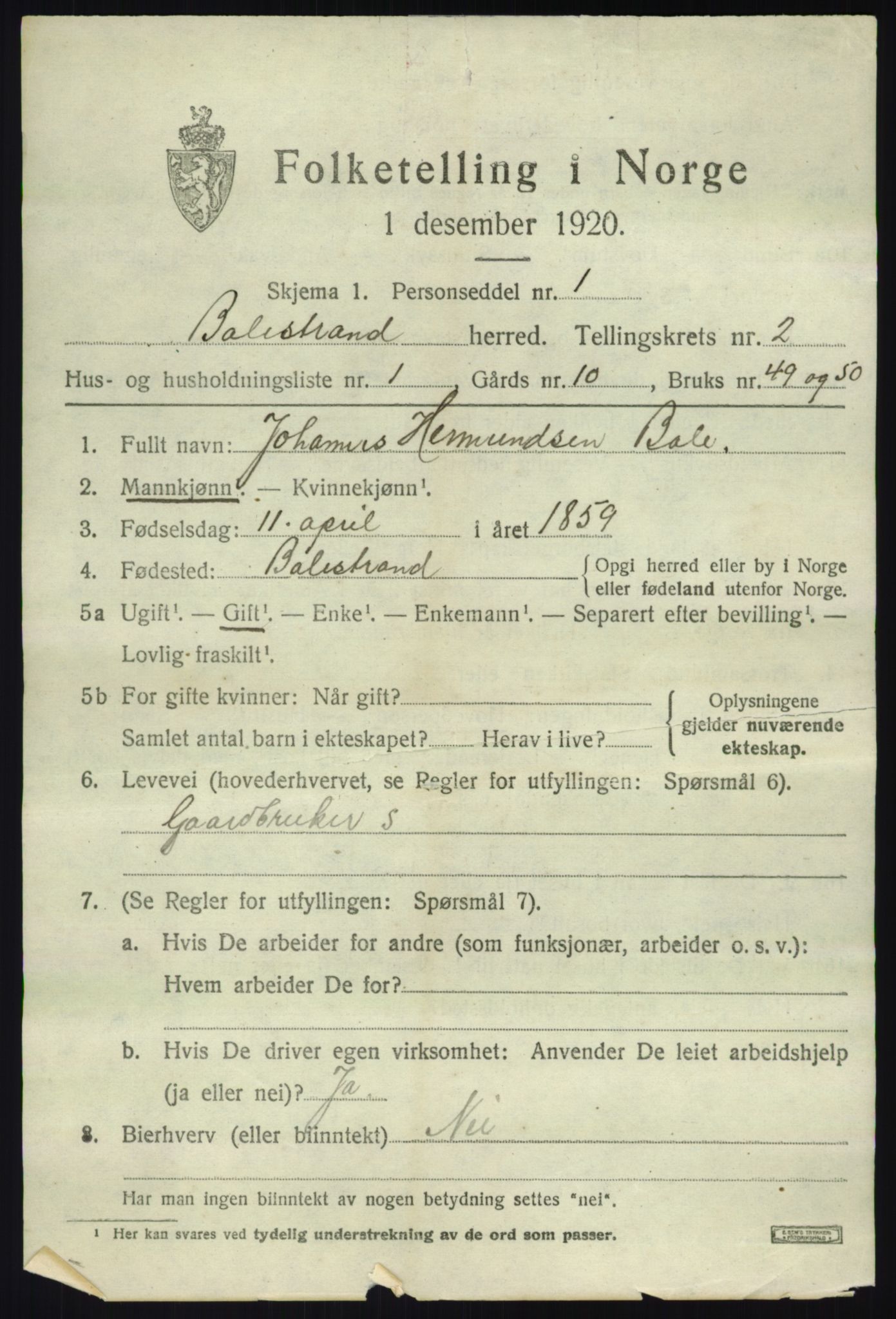 SAB, 1920 census for Balestrand, 1920, p. 1220