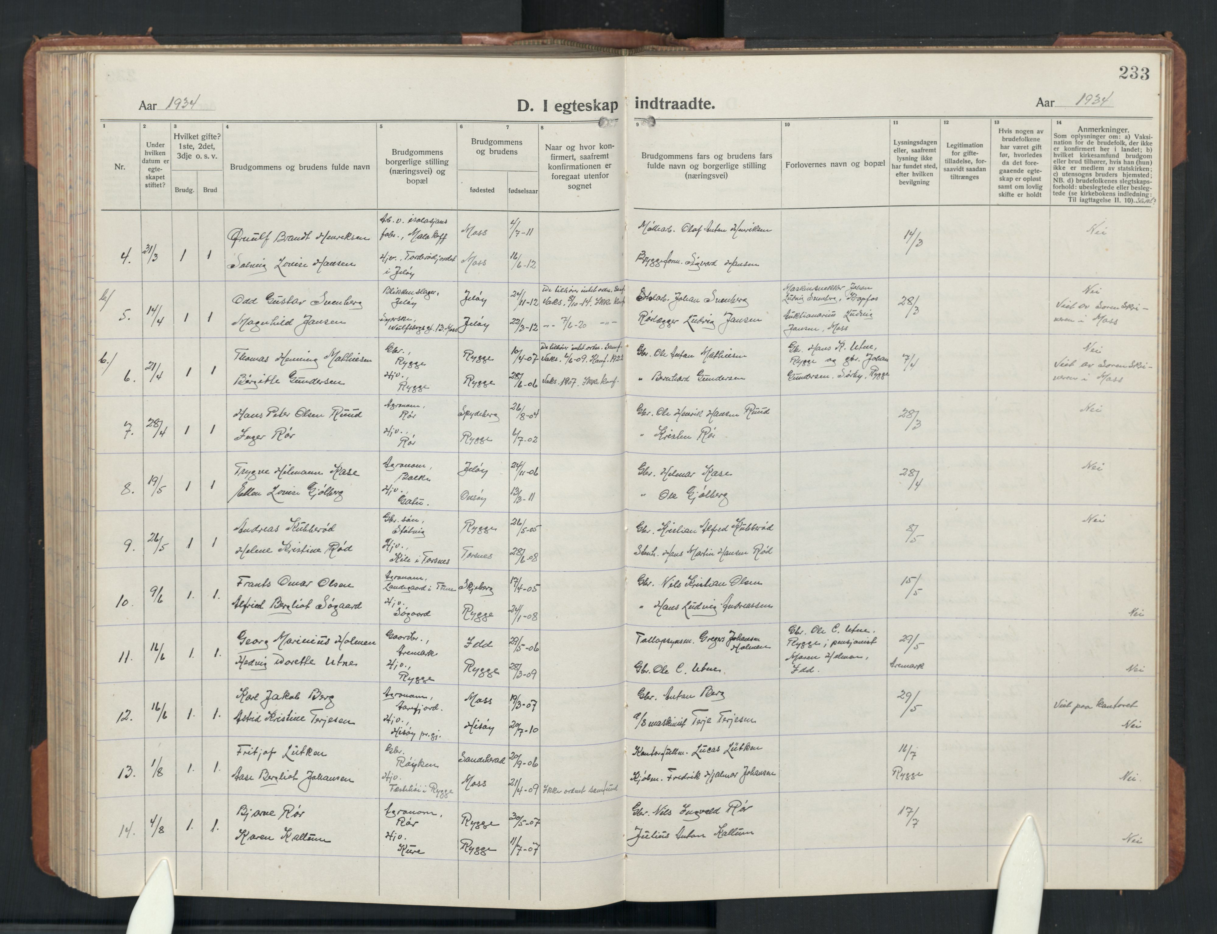 Rygge prestekontor Kirkebøker, AV/SAO-A-10084b/G/Ga/L0004: Parish register (copy) no. 4, 1922-1953, p. 233