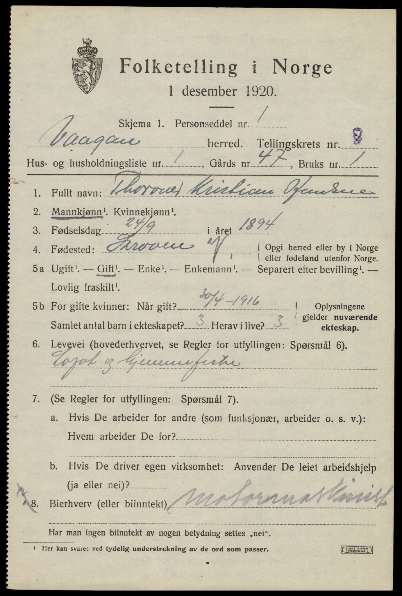 SAT, 1920 census for Vågan, 1920, p. 7297