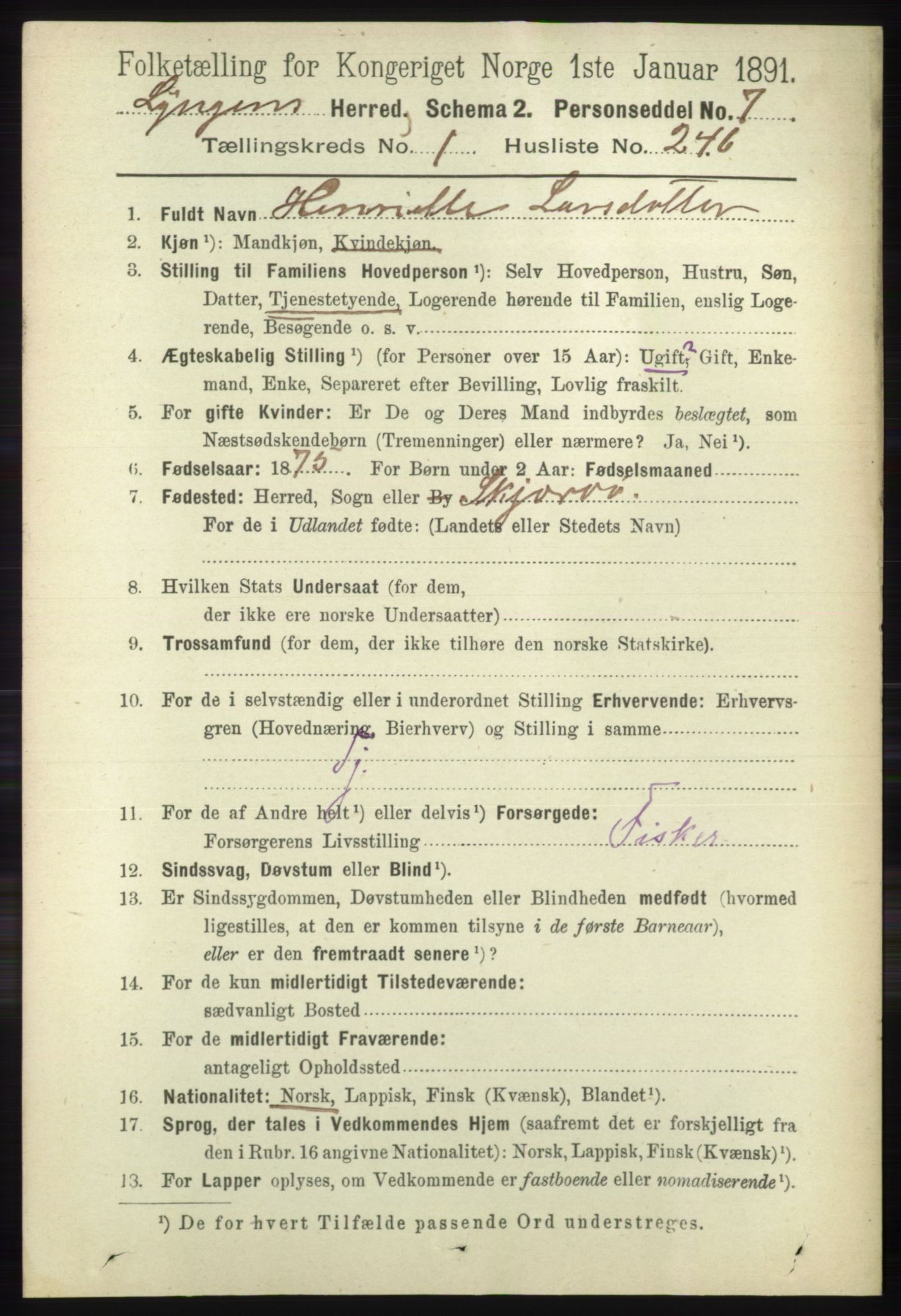 RA, 1891 census for 1938 Lyngen, 1891, p. 1916