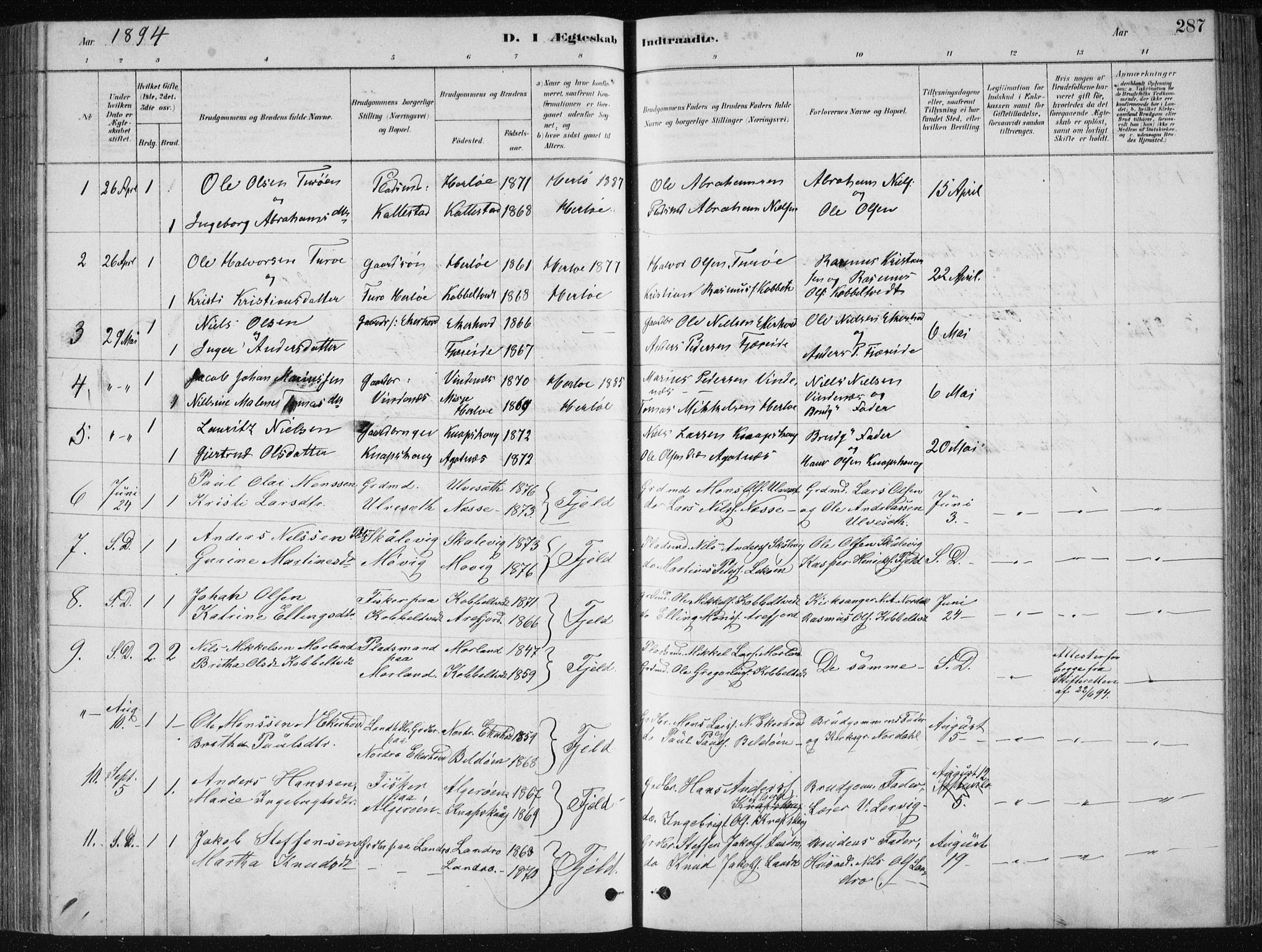 Fjell sokneprestembete, SAB/A-75301/H/Haa: Parish register (official) no. A  8, 1878-1898, p. 287