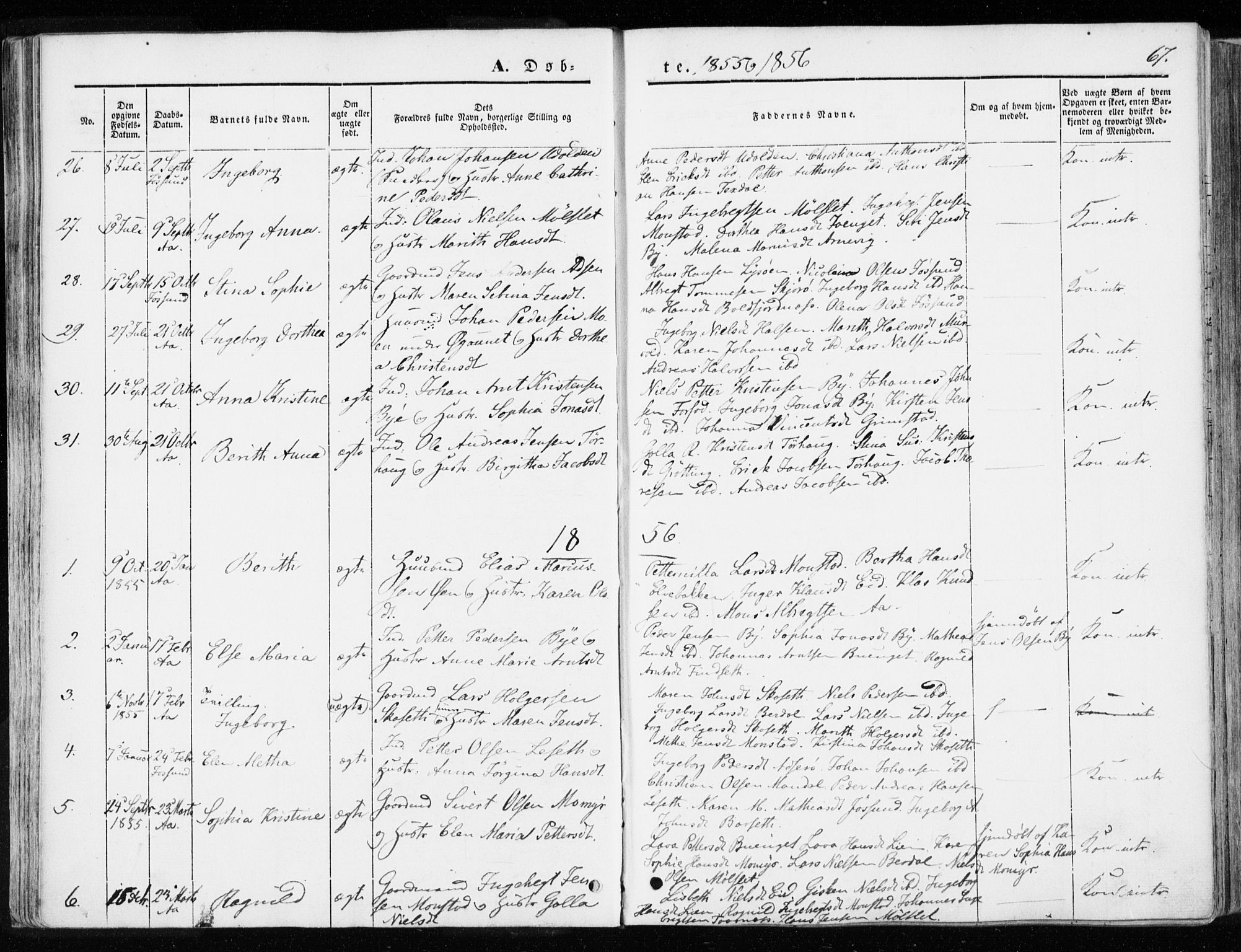 Ministerialprotokoller, klokkerbøker og fødselsregistre - Sør-Trøndelag, SAT/A-1456/655/L0677: Parish register (official) no. 655A06, 1847-1860, p. 67