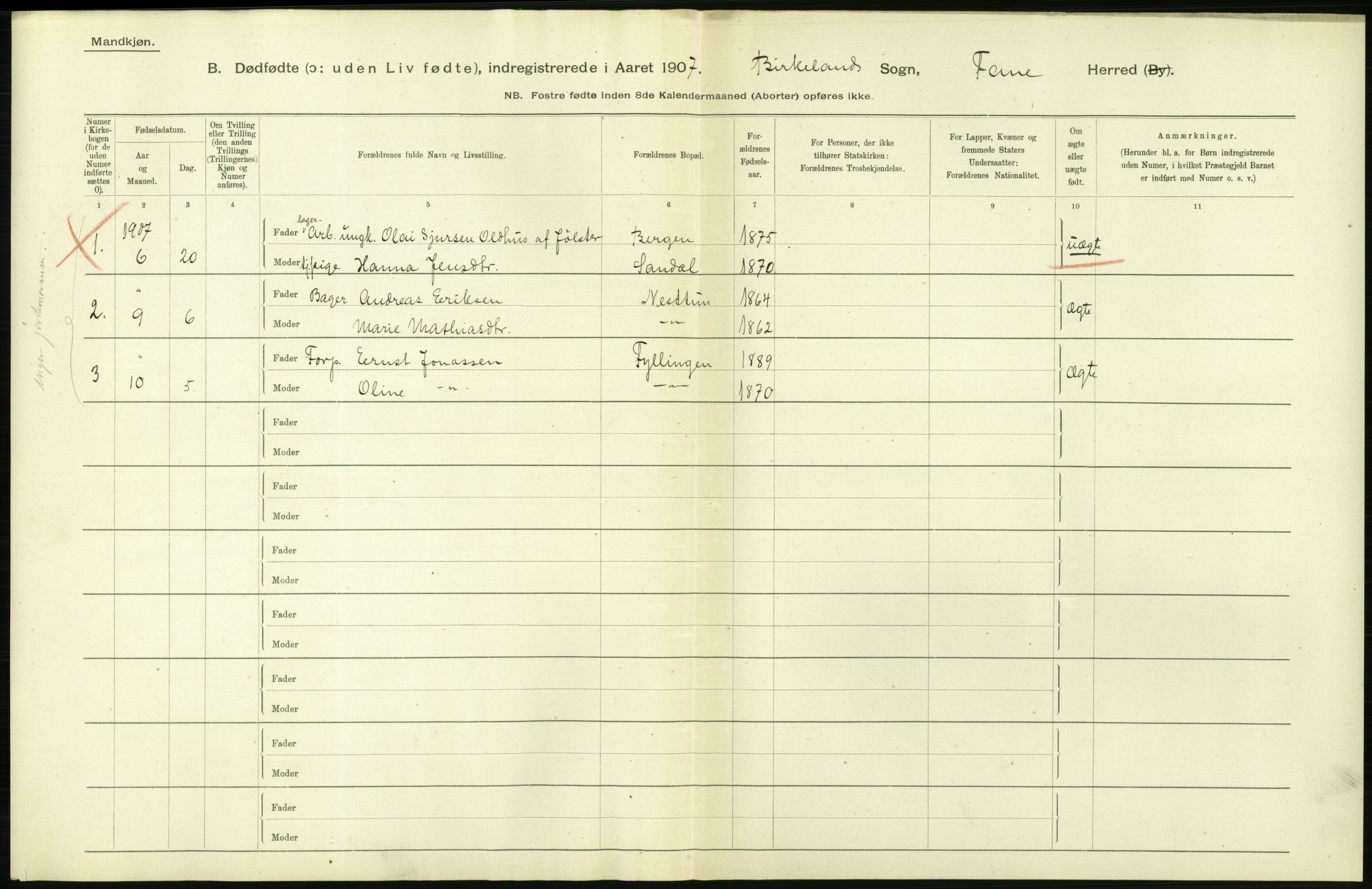 Statistisk sentralbyrå, Sosiodemografiske emner, Befolkning, RA/S-2228/D/Df/Dfa/Dfae/L0029: S. Bergenhus amt: Gifte, dødfødte. Bygder., 1907, p. 236