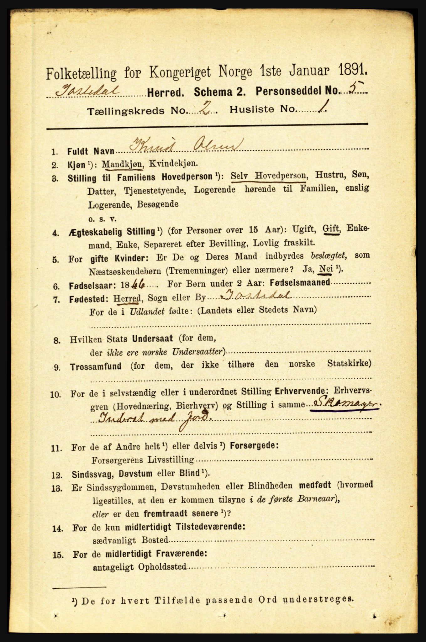 RA, 1891 census for 1427 Jostedal, 1891, p. 505