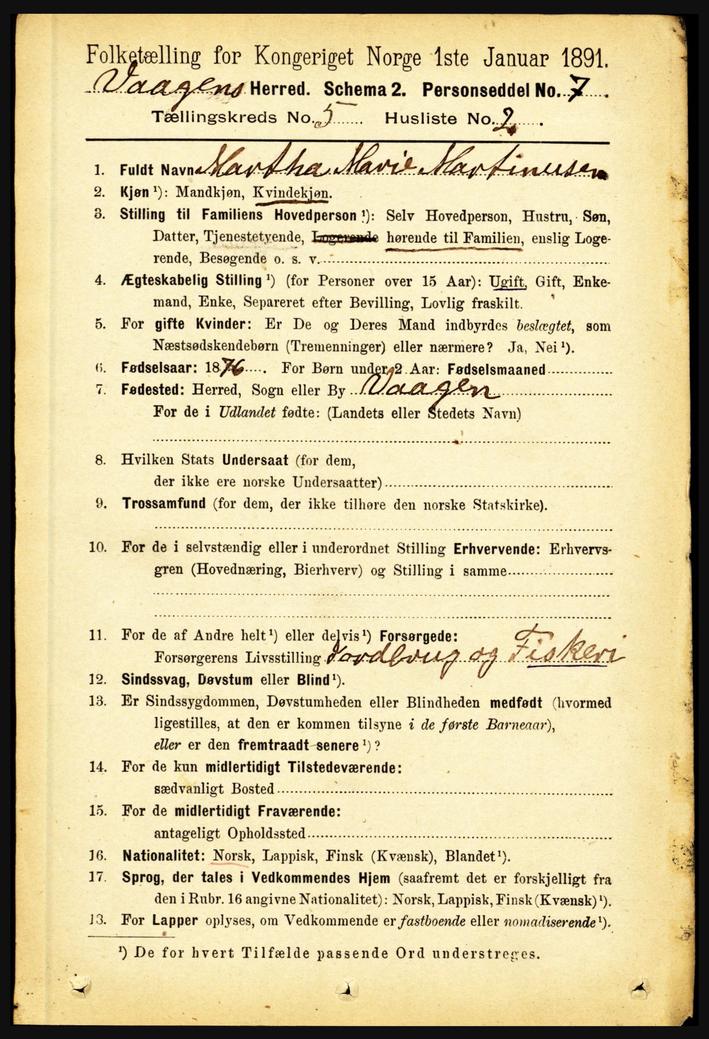 RA, 1891 census for 1865 Vågan, 1891, p. 1586